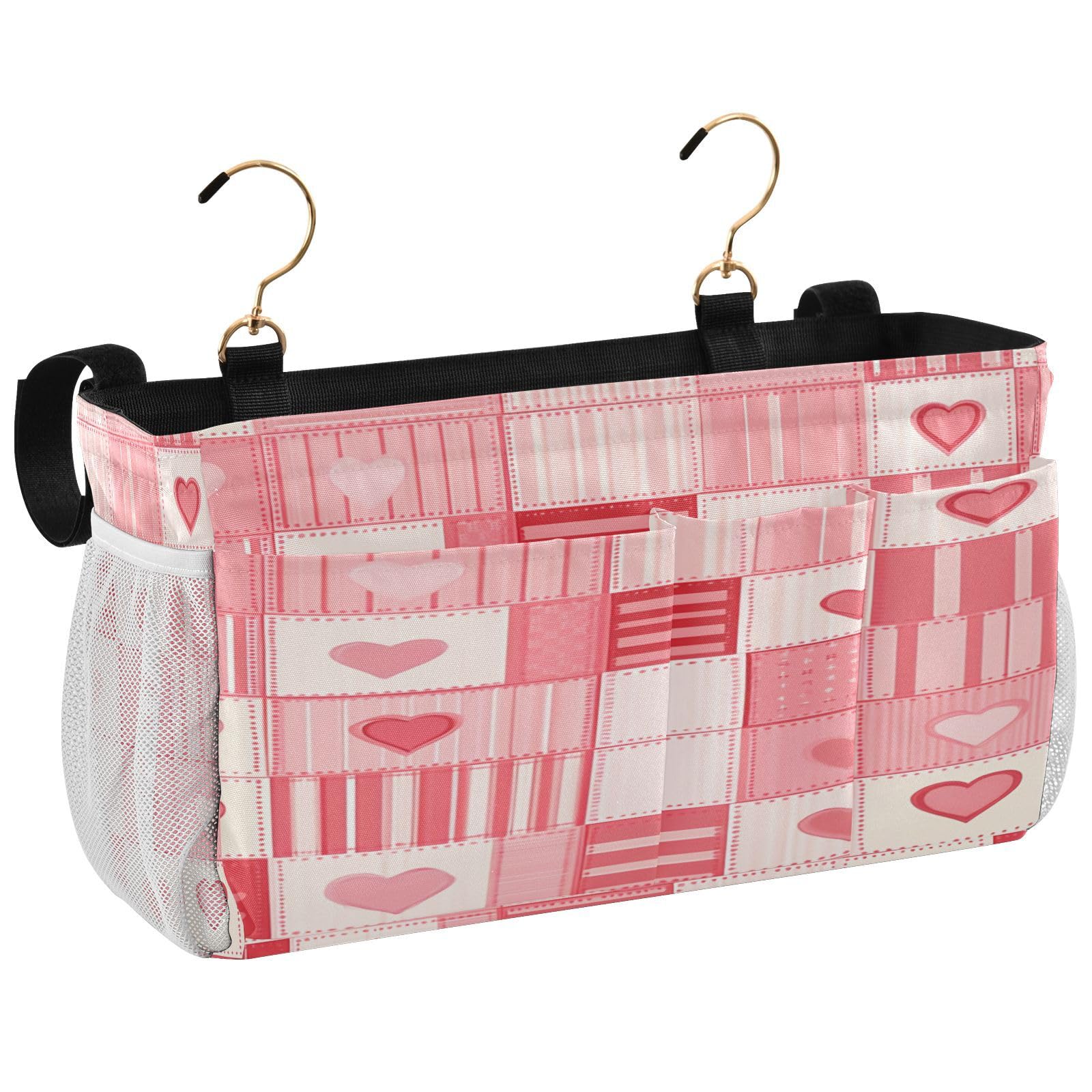 BOESI Doodle Squares & Hearts Bedside Storage Hanging Bag, Hanging Storage Basket, Suitable for Storing Cell Phones, Water Bottles, Books