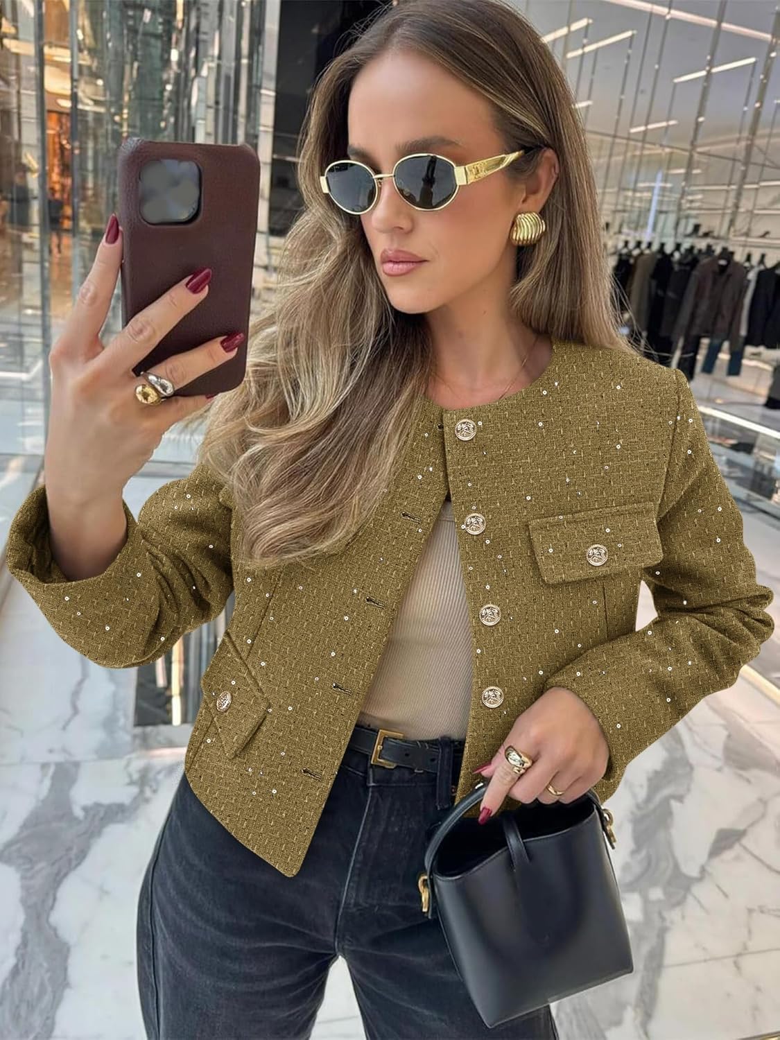 Women's Tweed Blazers Trendy Fall Casual Collarless Button Down Sequin Tops Cropped Jackets with Pockets - Image 2