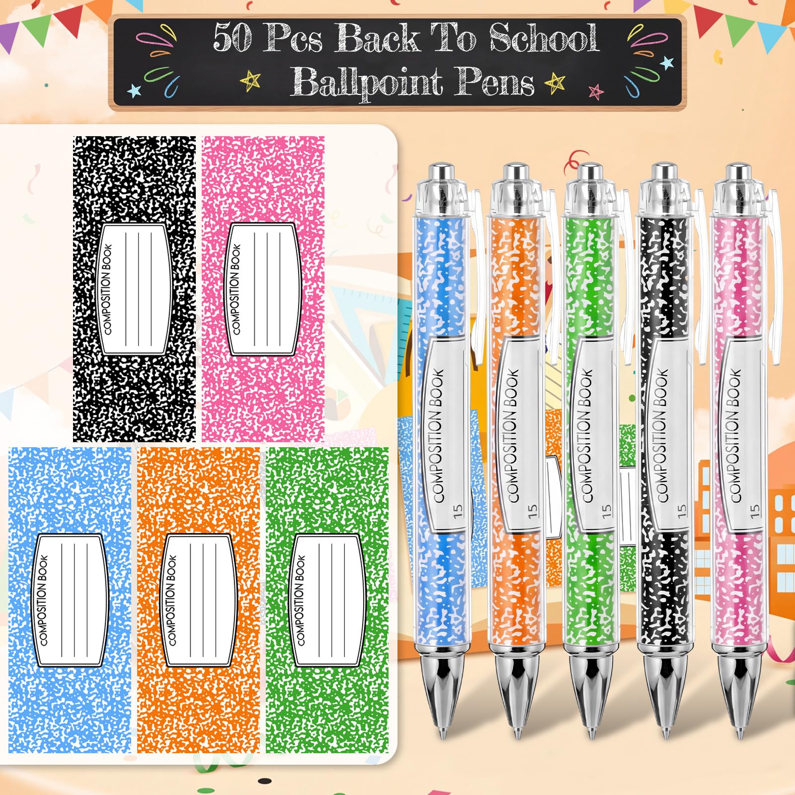 Dispowreath 50 szt. długopisów Welcome Back to School Bulk Ballpoint Pens First Day of School Composition Notebook Style Party Favors czarny atrament wkład do nagród w klasie