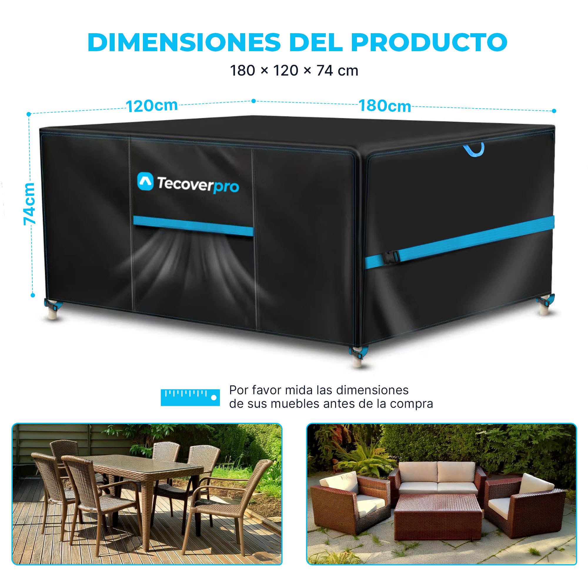 Funda Mesa Exterior Impermeable con Tela Oxford 420D 180 * 120 * 74CM con Salidas de Aire y Cinta reparadora para roturas | Funda Muebles Exterior Impermeable | Fundas Muebles Jardin