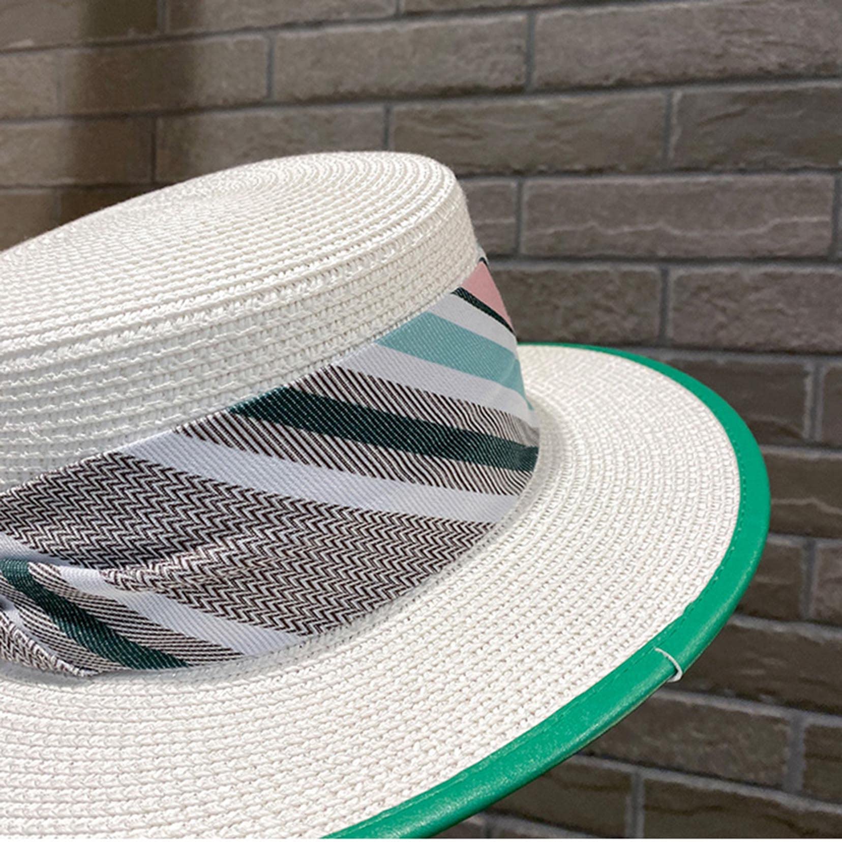 Damen Sonnenhüte für Sommer Strohstrand Flacher Hut Sonnenschutz Breitkehne Boater Hut khaki-56-58cm