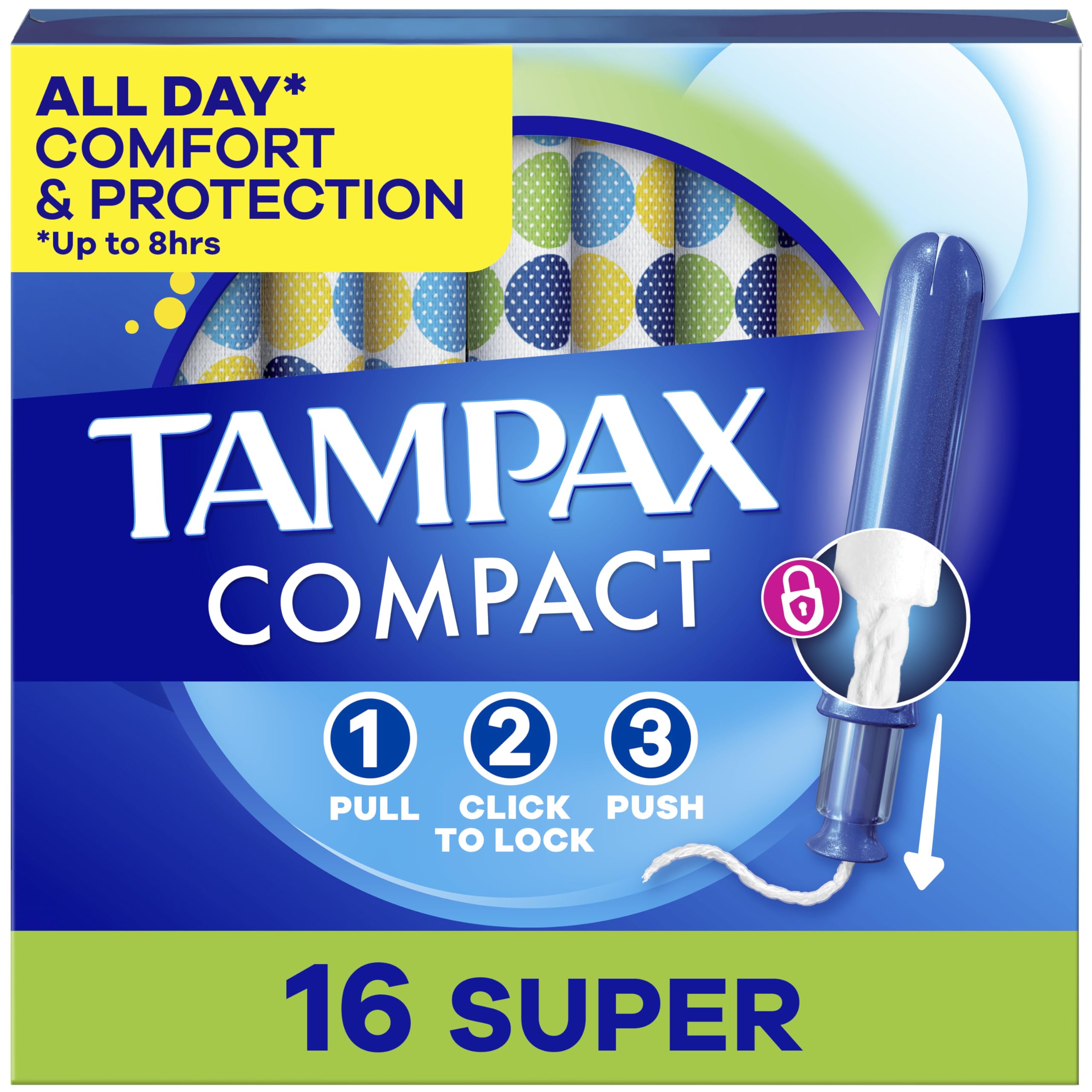 Tampax Compact Pearl Tampons, with LeakGuard Braid & Extendable Applicator, Super Absorbency, Compact Extendable Applicator, Unscented, 16 Count (Packaging May Vary)