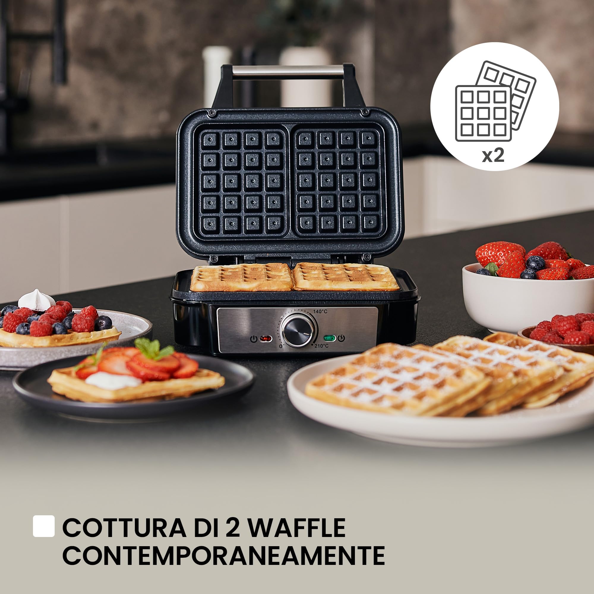 ZEEGMA GOFREE CHEF Macchina per Waffel Potenza Elevata 1200 W Per Waffel belgi, Doppio Rivestimento Antiaderente, Regolazione Temperatura, Spia Pronto all'Uso, Waffel Spessi Piastre profonde