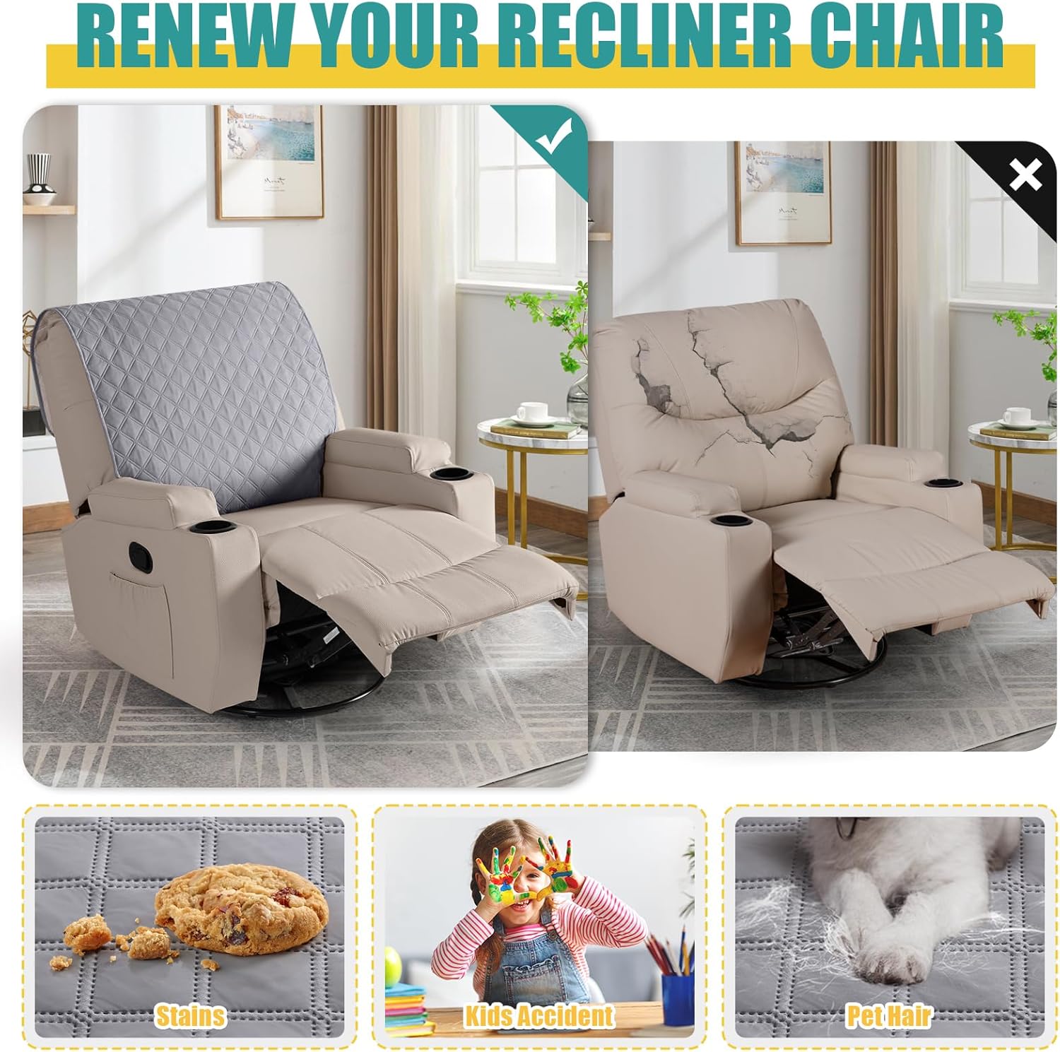 Ruaozz 100% Waterproof Recliner Chair Covers, Upgraded Non Slip Recliner Backrest Cover, Washable Recliner Covers for Reclining Chair with Straps, Headrest Covers for Recliner Chair, Light Grey