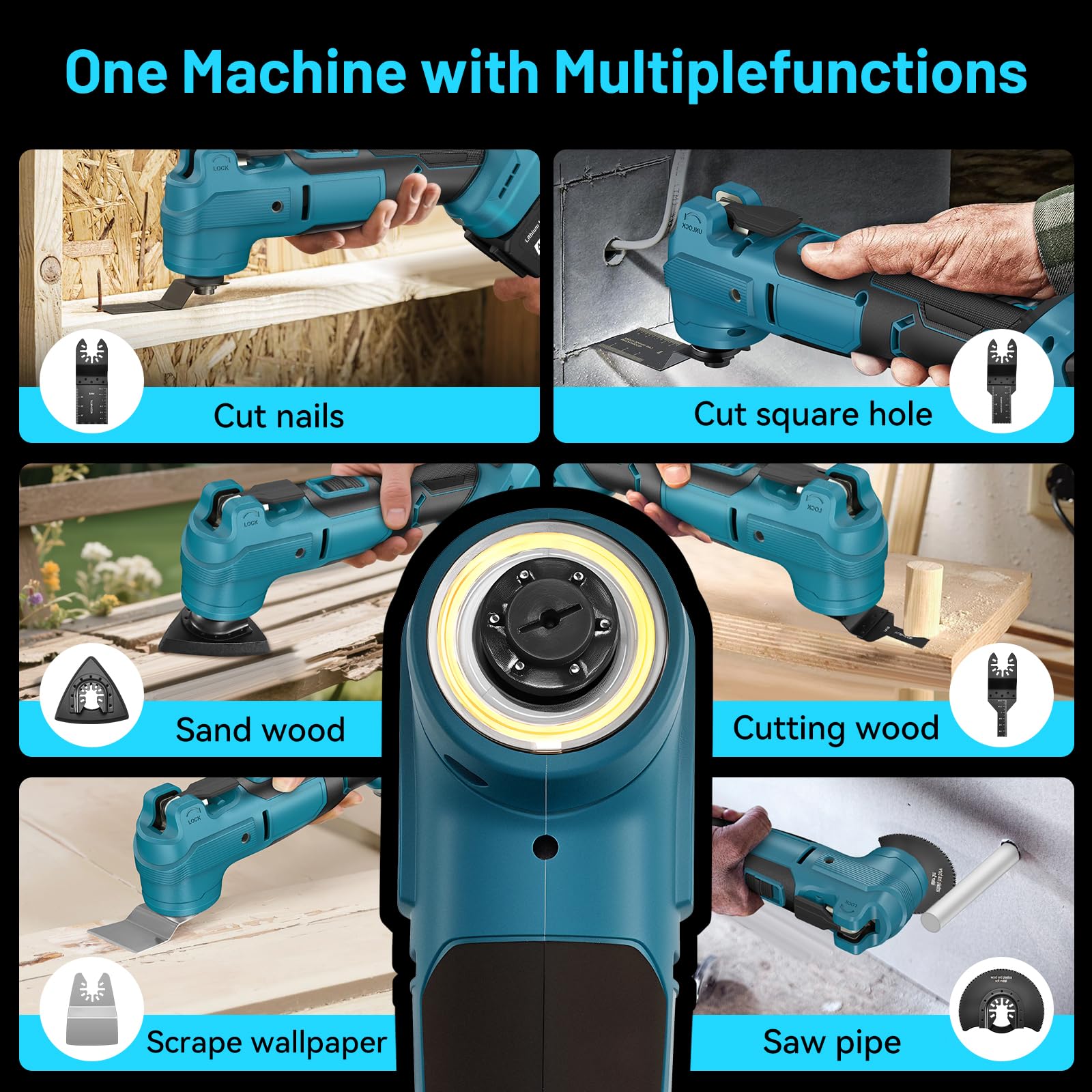 Outil Multifonction sans fil Compatible avec Batterie Makita 18V, Scie Oscillant Multitool 6 Vitesses +Mode Automatique 20000tr/min avec 2 * 4,0 Ah Batteries pour Couper, Poncer, Gratter