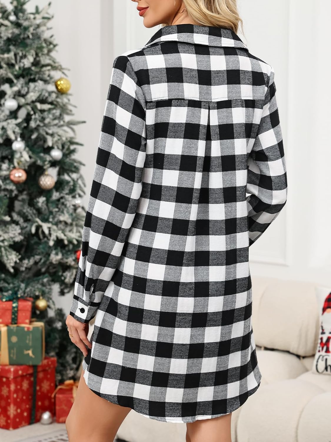 Flannel Plaid Dresses for Women Christmas Tie Front Long Sleeve Tunic Button Down Shirt Mini Dress - Image 2