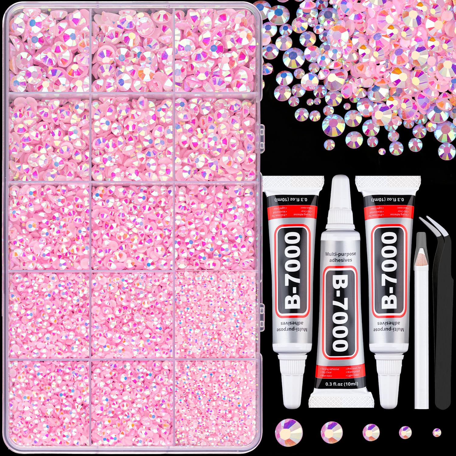 View 1 of 16000Pcs Resin Jelly Rhinestones for Crafting, Light Pink AB Flatback Gems, Bedazzling Crystal with 3Pcs 10ml B7000 Jewelry Glue for DIY Crafts Clothing Tumblers Shoes Fabric Nail Art
