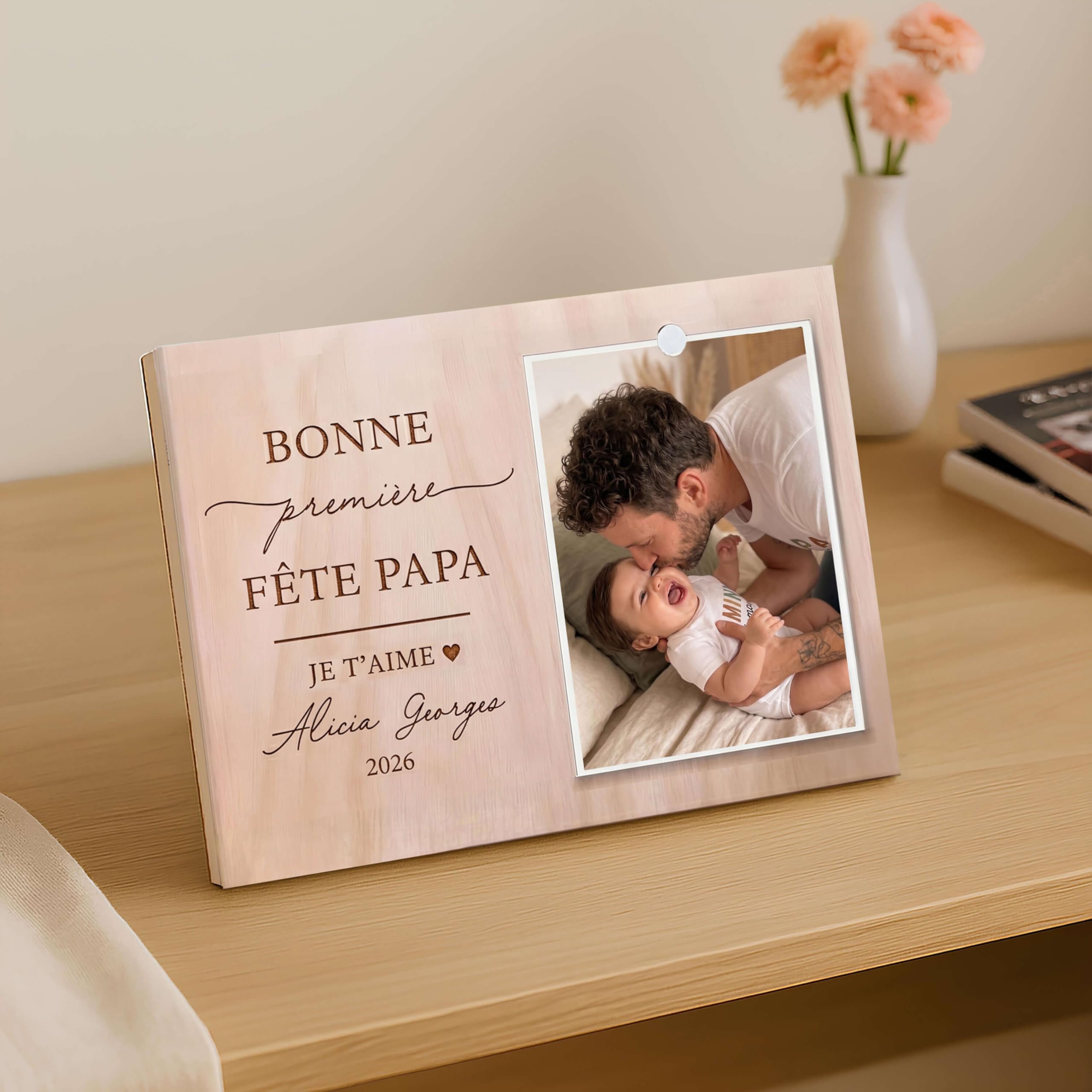 idée cadeau fête des pères personnalisé, 1ère fête des pères cadre photo gravé en bois, bonne fête papa, cadeau original futur papa