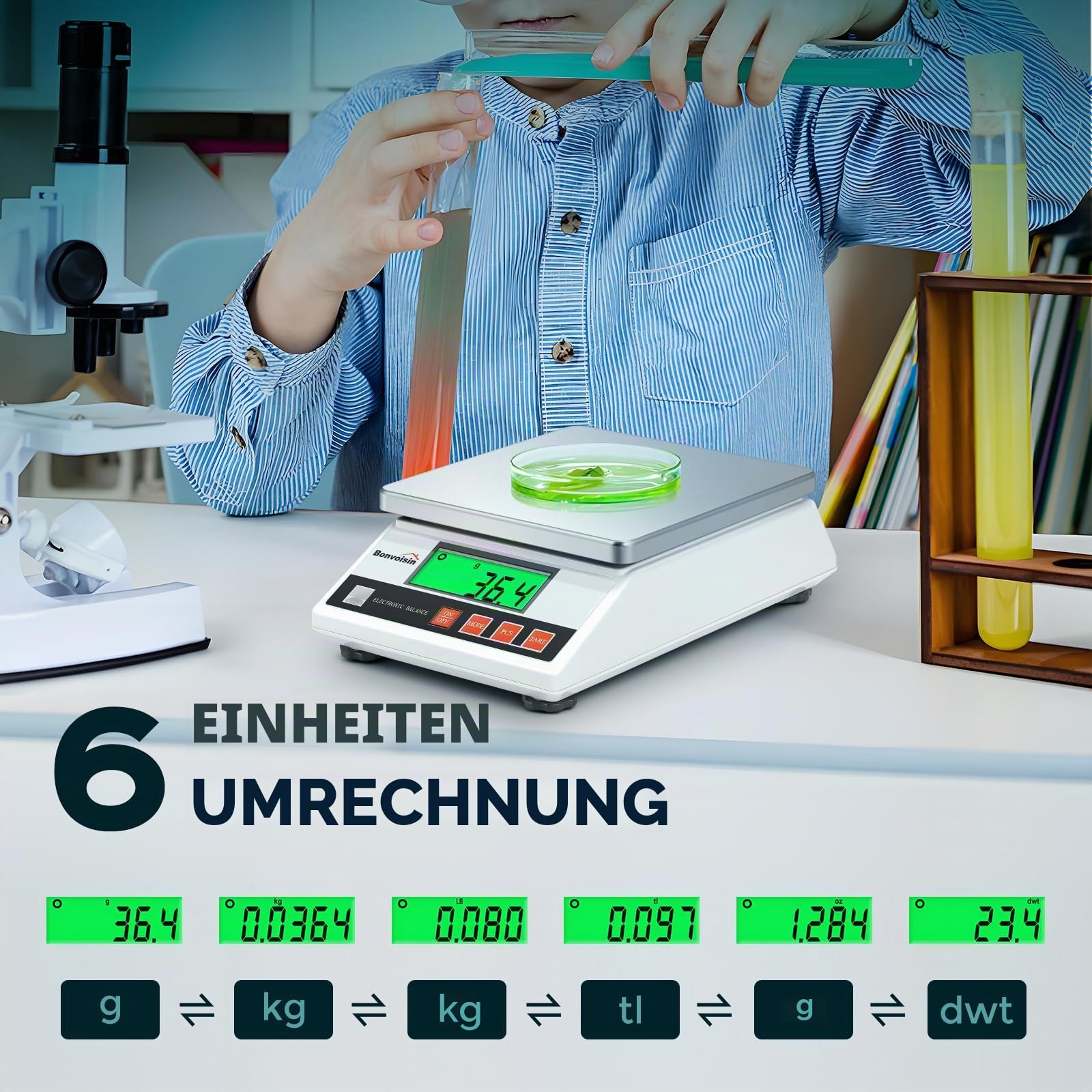 Bonvoisin Zählwaage 6000g 0.1g, Präzisionswaage Laborwaage, Industrie Analysenwaage, Präzise Schmuck-Goldwaage, Tischwaage mit CE-Zertifizierung, Elektronische Batteriebetriebene Waage (6Kg, 0,1 g)