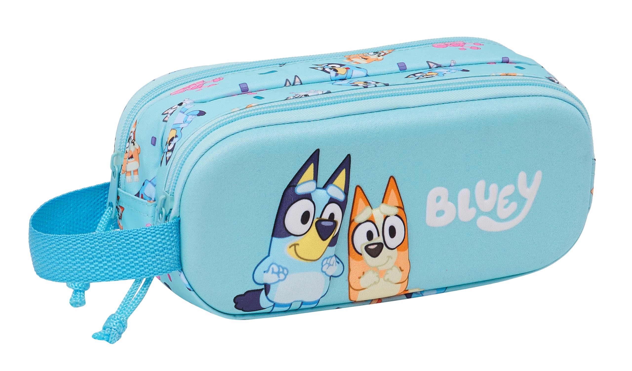 Safta BLUEY - Portatodo Doble 3D, Estuche Infantil, Estuche Niño, Ideal para Niños en Edad Escolar, Cómodo y Versátil, Calidad y Resistencia, 21x6x8 cm, Color Celeste