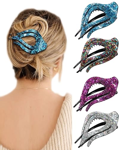 French Concord - Pinzas curvadas para el cabello, 4 pinzas acrílicas para mujer, cabello grueso y plano con sujeción fuerte (M, plateado brillante,