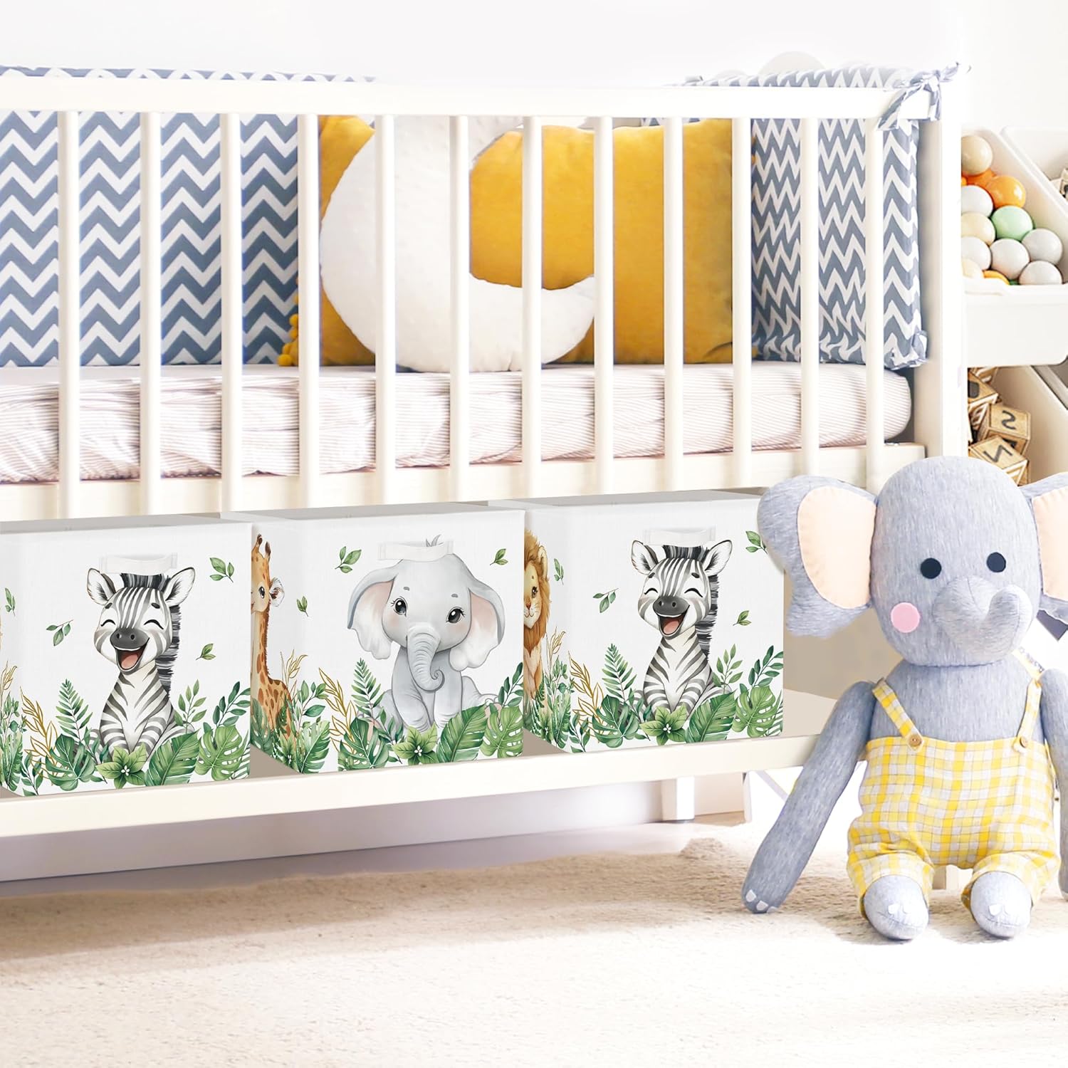 Clastyle 3 pcs Cute Animals Cube Storage Unit Bin with Metal Frame Leaf Kallax Box for Shelves Parents Closet Organizer Basket for Book Clothes Toy Organizer, Lion Elephant, 11.8x11.8x11.8 in