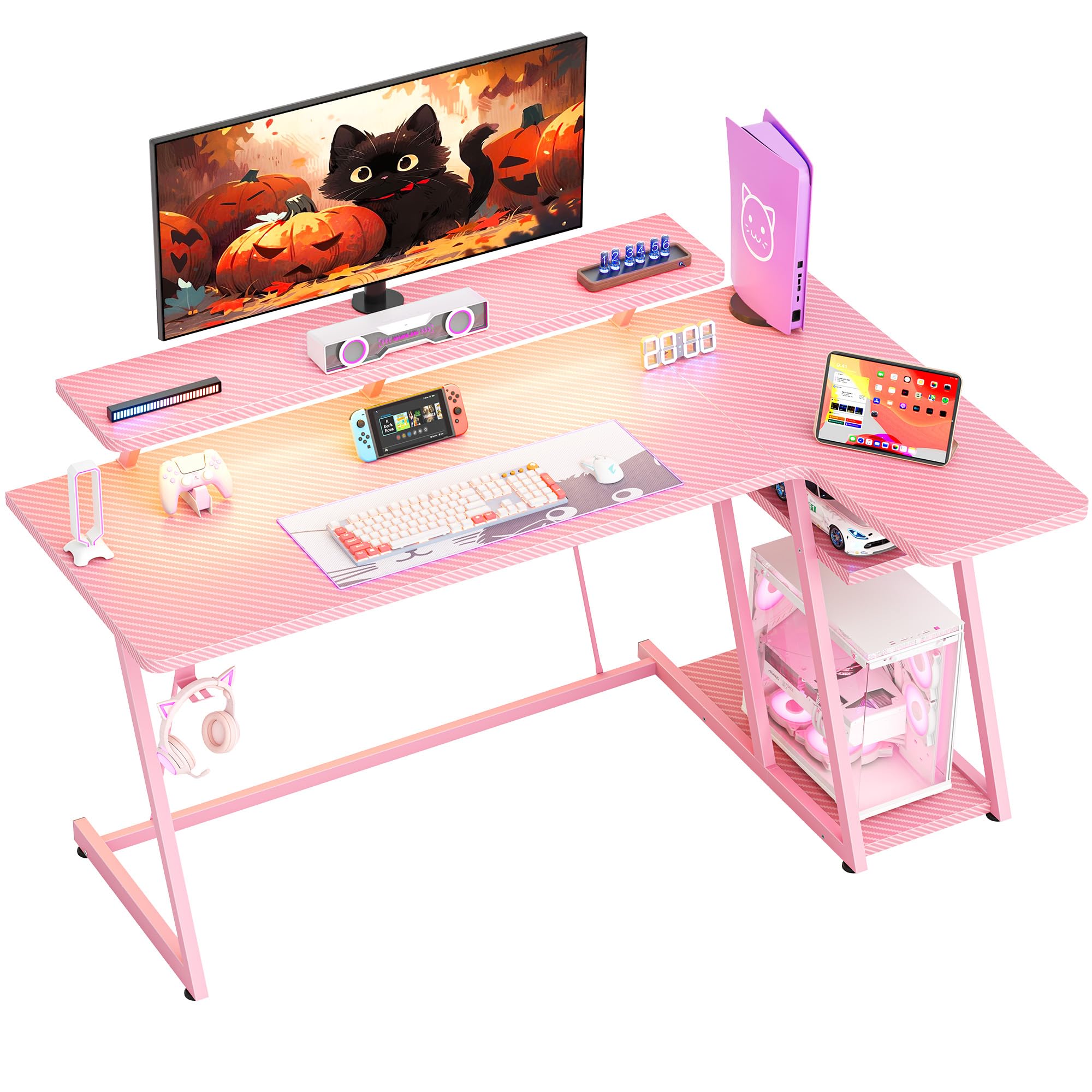 HOMIDEC Gaming Desk with LED Lights, 140CM Computer Desk with Monitor Stand, L Shaped Corner Desk with Headphone Hook and Shelves for Gaming Room, Bedroom, Office, Pink