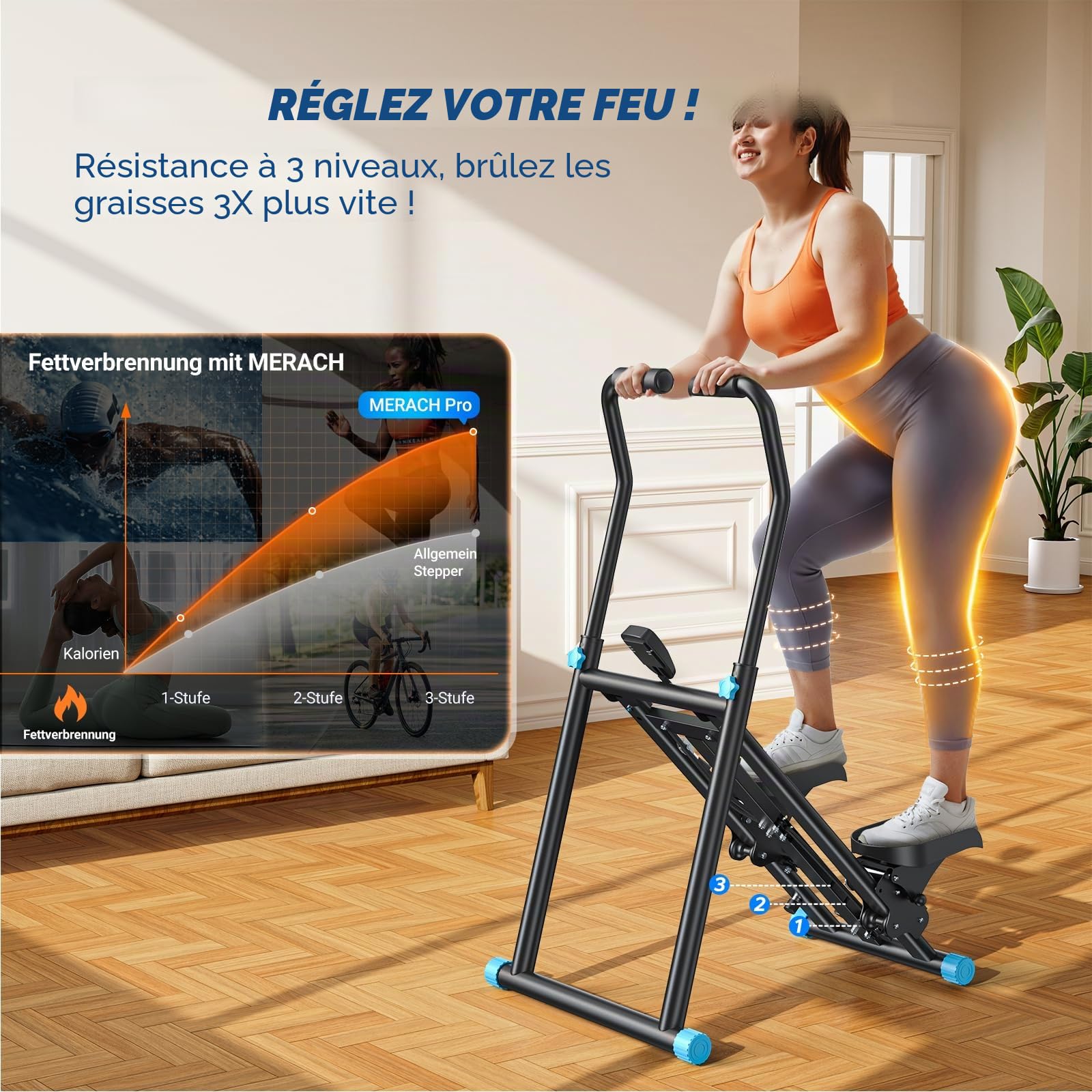 MERACH 2026 Stair Stepper Pro, Stairmaster pour la Maison avec 3 Niveaux de résistance réglables, Machine d'escalade Verticale Pliable avec Guidon réglable pour la Maison, Le Bureau, Appareil de