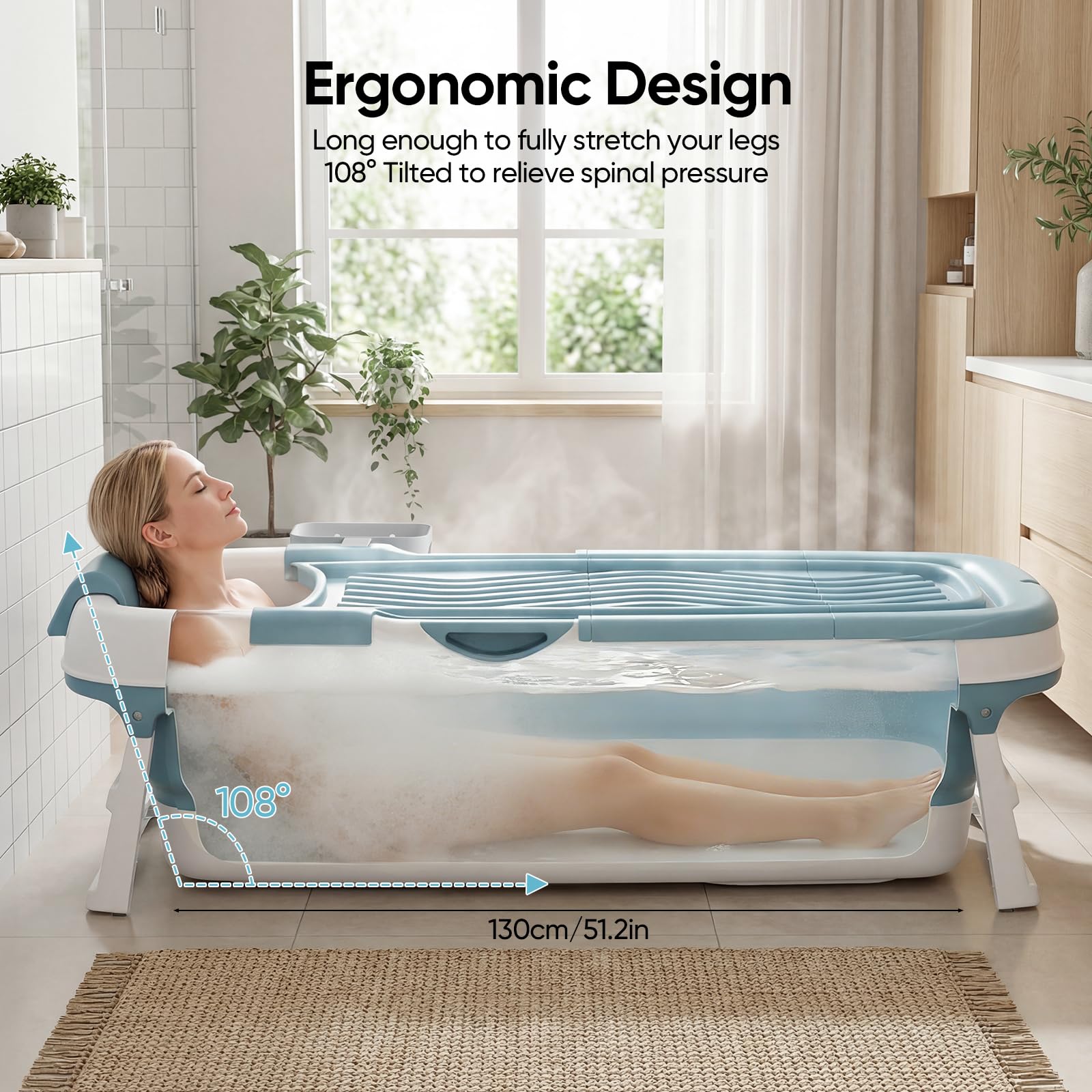 Faltbare Badewanne Erwachsene,157 x 58 x50 cm mit Isolierabdeckung neigbarer Rückenlehne erhöhtem Sitz U-förmiger Kopfstütze und Fußmassagerollen zwei Abflussöffnungen geeignet Duschen Balkone