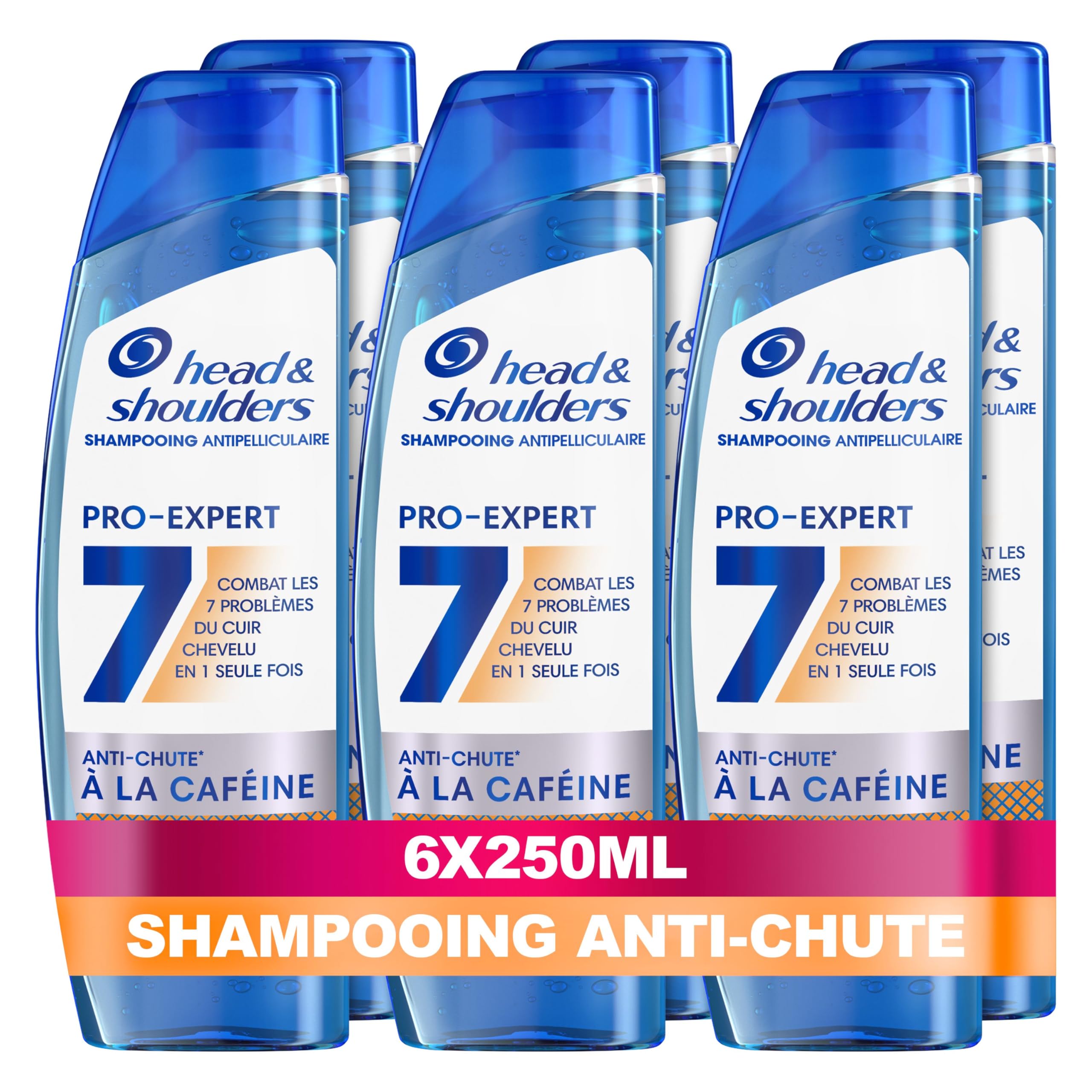 Head & Shoulders Pro-Expert 7 Shampoing Antipelliculaire Anti-chute À La Caféine 6x250ml, Combat 7 Problèmes Du Cuir Chevelu, Protection Complète, Améliore La Pousse Des Cheveux, Cliniquement Prouvé