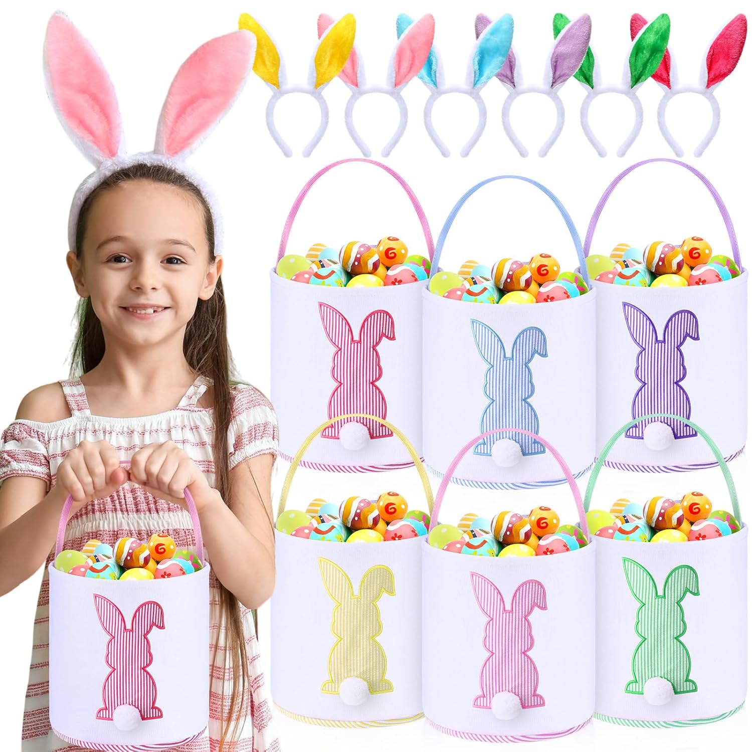 Domensi 12 Pcs Easter Basket Set for Kids Canvas Easter Baskets with Handles and Plush Bunny Ear Headbands, Reusable Small Bags Bulk for Egg Hunt Supplies(Childlike Delight)