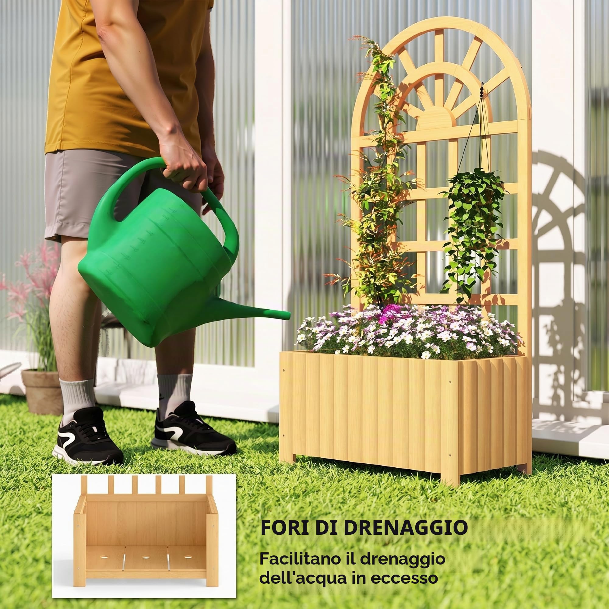 Outsunny Fioriera con griglia in legno, grande fioriera da esterno per piante rampicanti, con fori di drenaggio, vaso rialzato per giardino, patio, terrazza, 60x30x120 cm, naturale