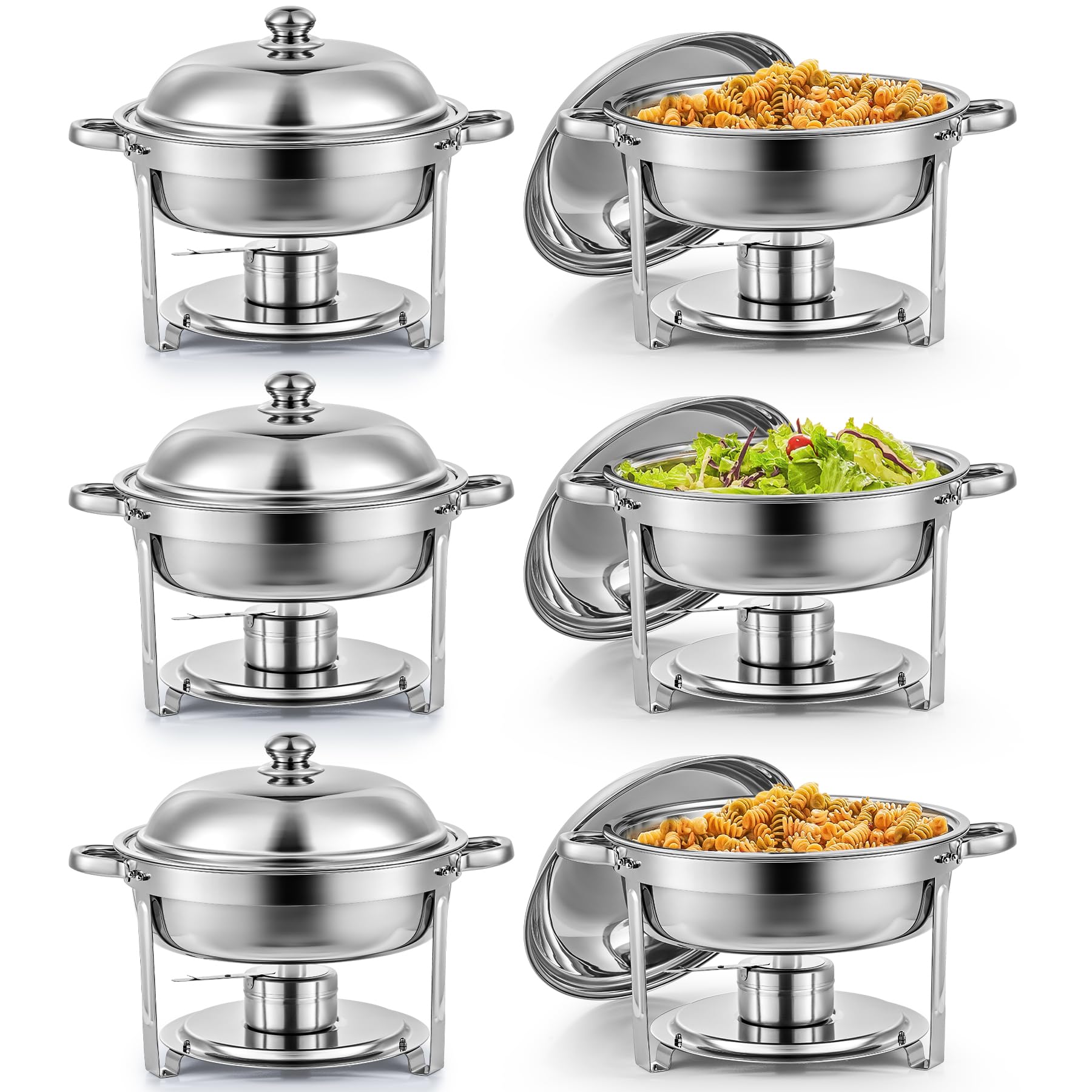 Wilprep Juego de 6 Calentadores de Comida para Buffet Redondos, Acero Inoxidable 5L con Bandeja de Calefacción y Tapa, Chafing Dish para Restaurantes, Catering, Fiestas, Bodas y Picnics (6PCS)