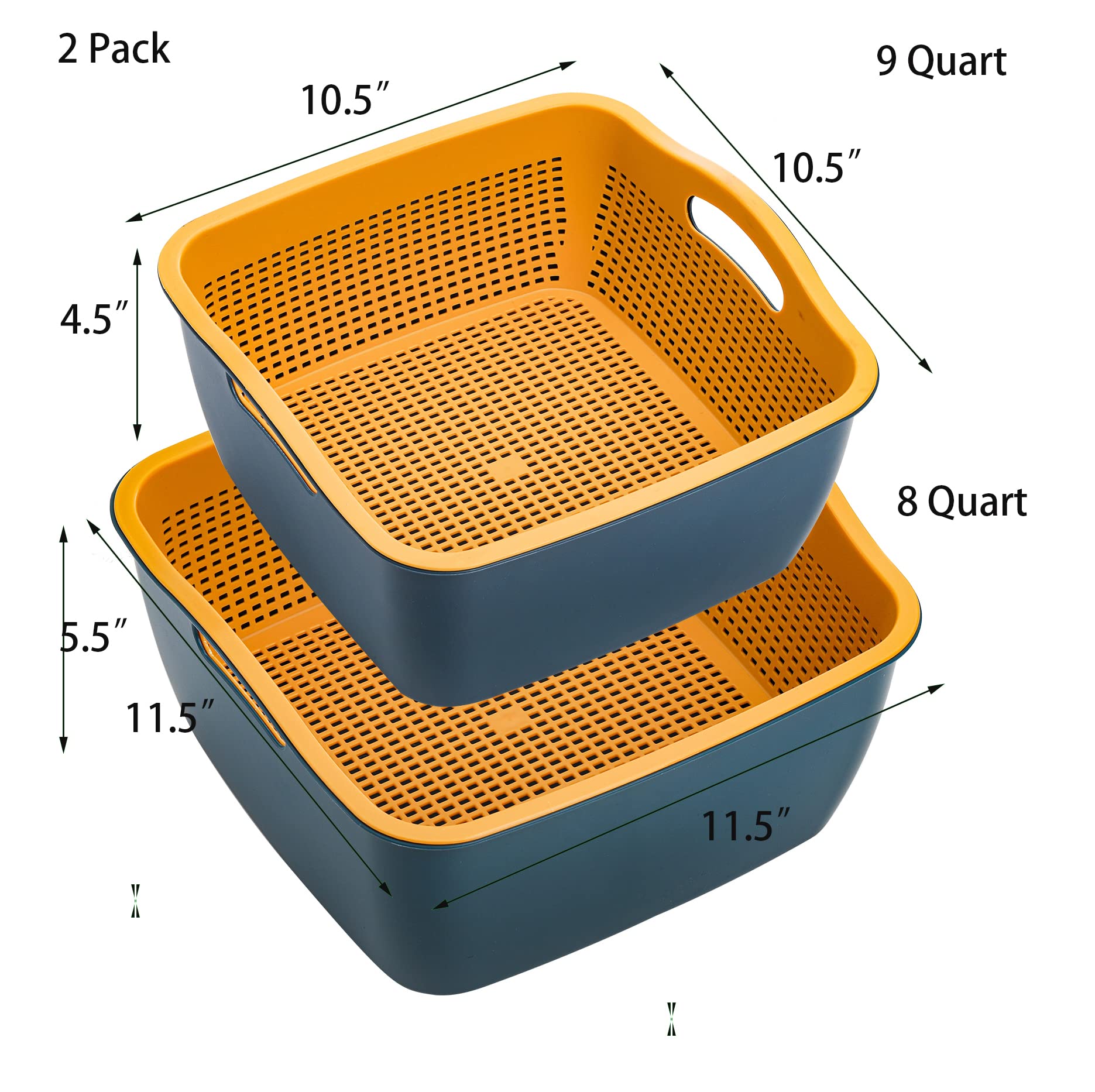 Jucoan Juego de 2 cuencos de cocina grandes de 9 y 8 cuartos de galón, cesta de plástico de doble capa para lavar frutas y verduras, cuencos de drenaje para limpieza