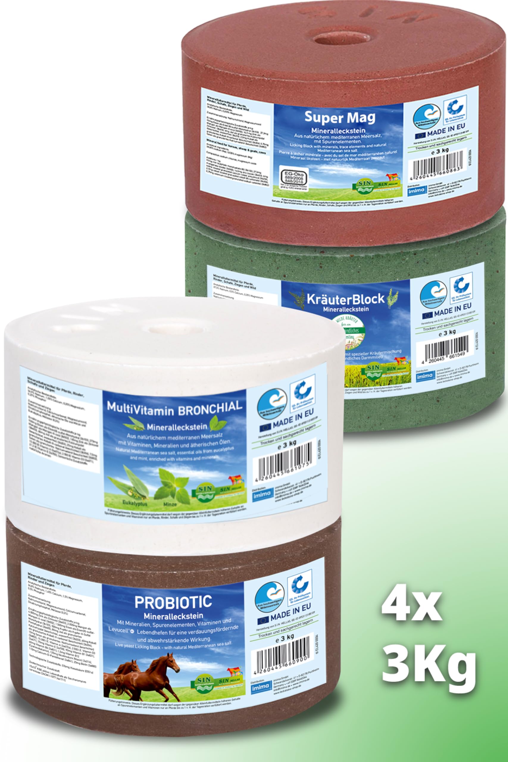 Lick-Bar Premium Set 4 x 3 kg avec HerbalBlock, PROBIOTIC, MultiVitamin BRONCHIAL, PREMIUMBLOCK Set 4 x 3 kg - Pierres à lécher pour Chevaux, Moutons, chèvres, gibier et bétail