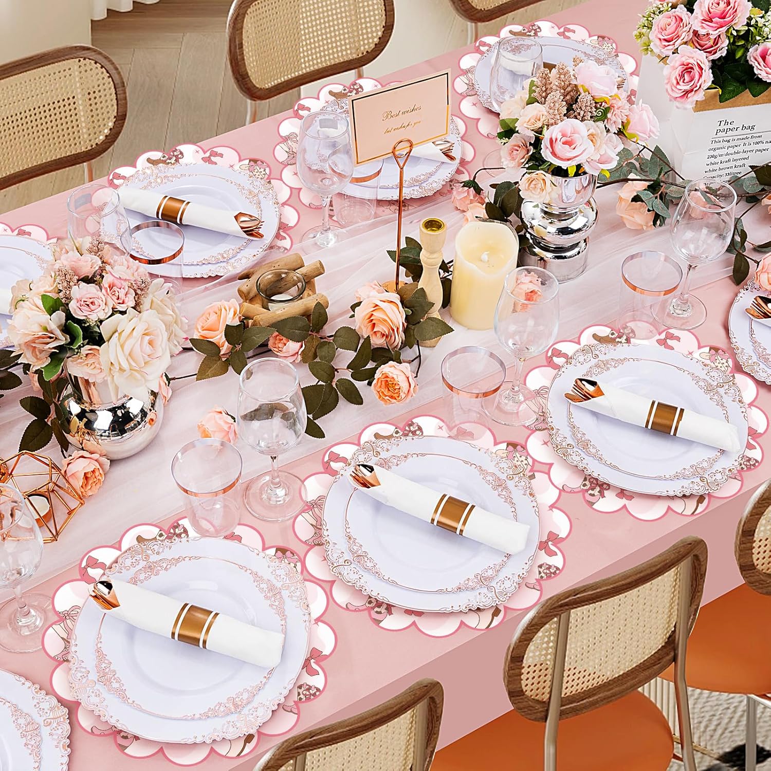 100 Pcs Cowgirl Party Paper Placemats 13.5 Inch Scalloped Pink Bow Paper Placemat Disposable Coquette Decorative Table Mat for Western Themed Birthday Bachelor Baby Shower Wedding Decoration
