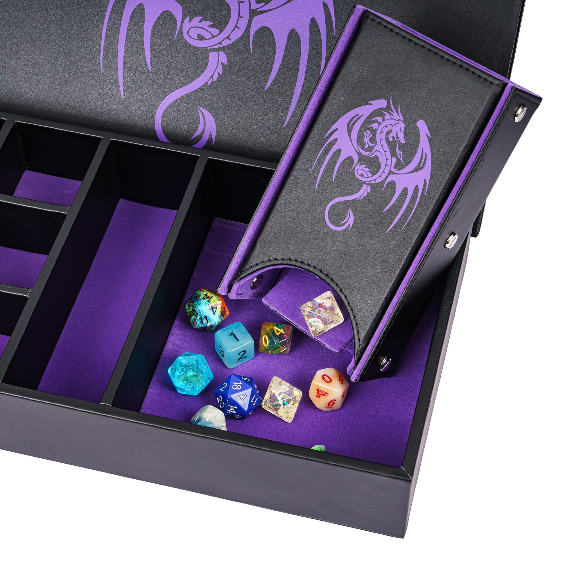 Caja de dados multifuncional 4 en 1 de almacenamiento D&D, torre de dados portátil, bandeja de dados morada, funda de cuero para juegos de rol de Dungeons and Dragons y otros juegos de mesa