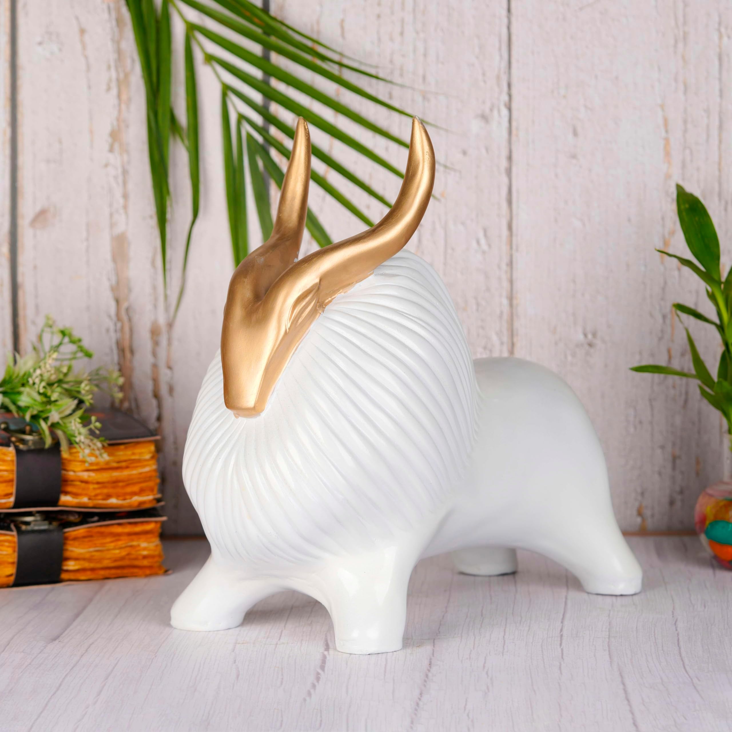 Shree radhekishore swiftdeals White Yak Resin Sculpture with Golden Horns