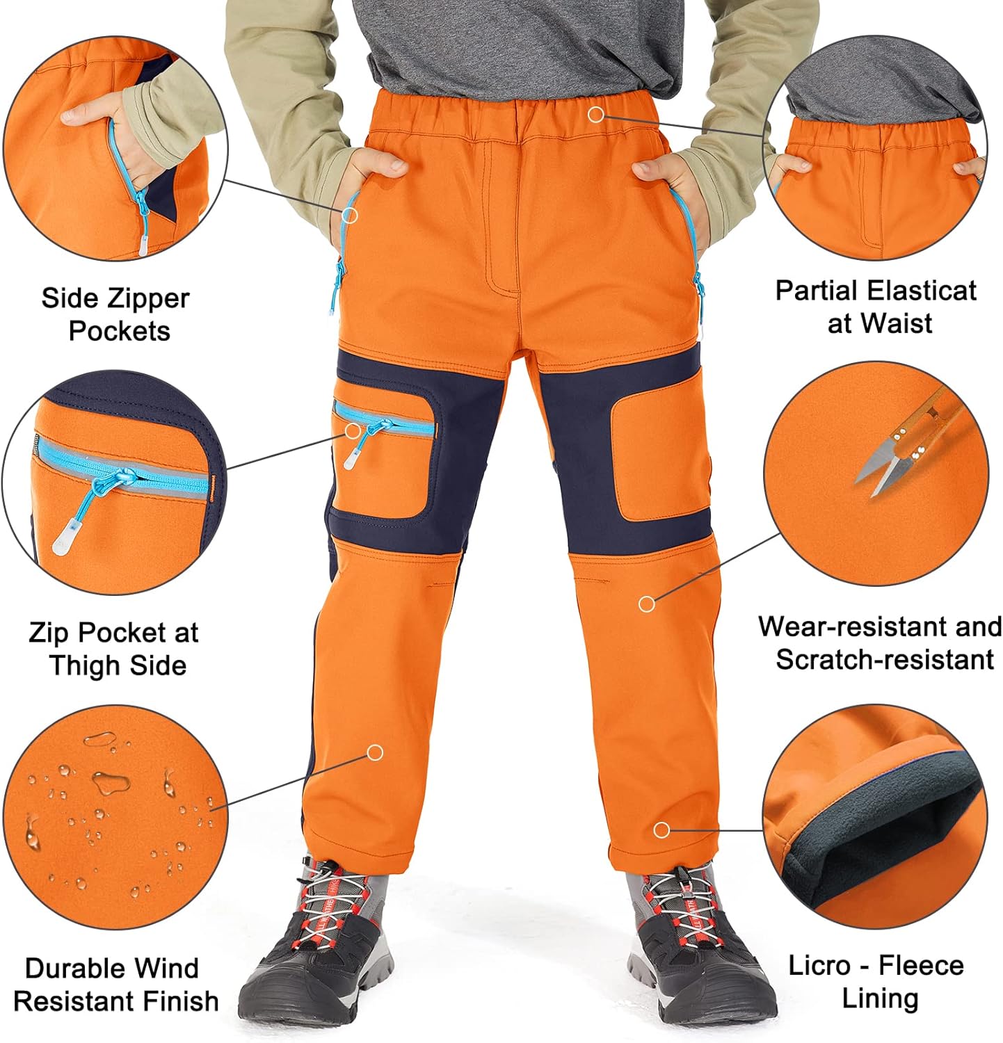 linlon Kids Boy's Snow Waterproof Pants Youth Fleece Lind Hiking Softshell Warm Insulated Trousers - Image 3