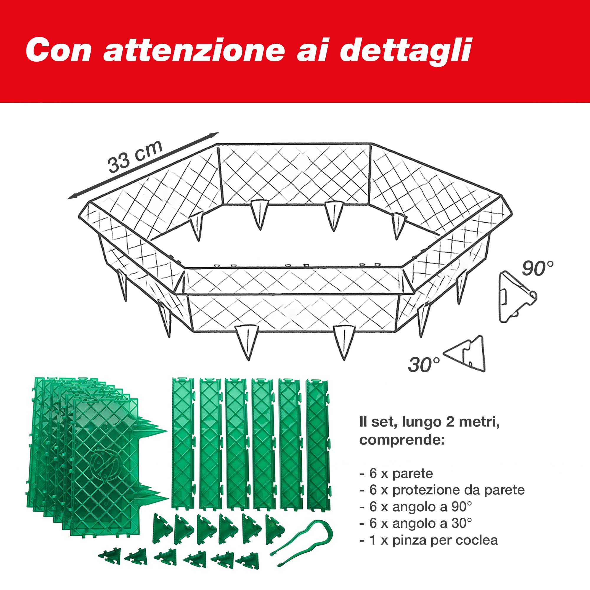 SWISSINNO Recinzione anti-lumache – Set completo da 2 m con angoli flessibili e pinza – Protezione per orto e aiuole – Modulare e resistente