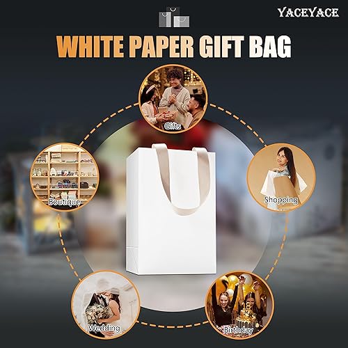 Miniatura 7 de Bolsas de regalo blancas con asas, 20 bolsas de regalo de papel blanco de 5.25 x 3.75 x 8 pulgadas con asas de cinta a granel, bolsa de papel kraft