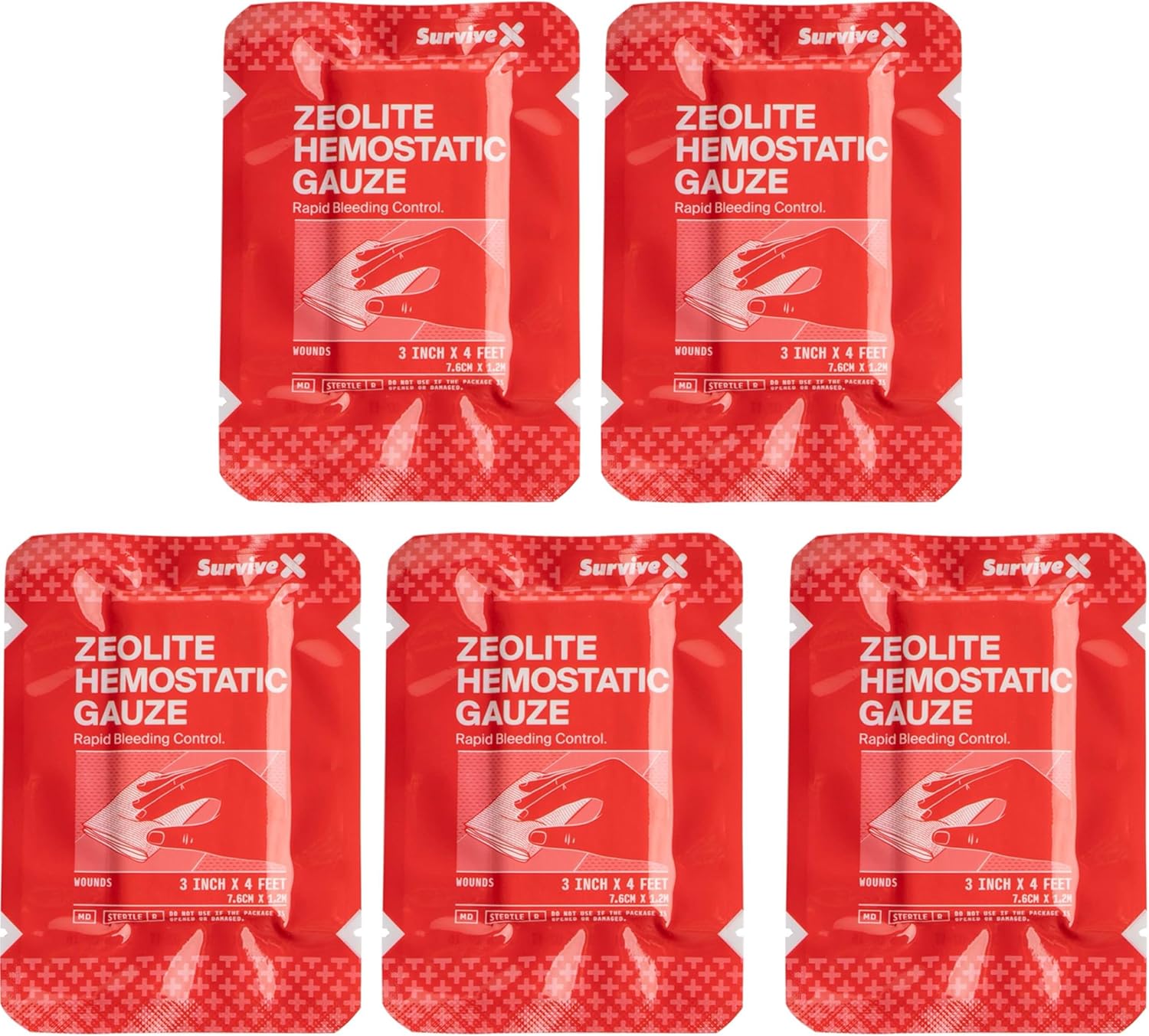 Survivex Hemostatic Gauze - Quick Blood Clotting Gauze for Wounds - Trauma Kit Hemostatic Dressing - 3 in x 4 FT - 5 PCS