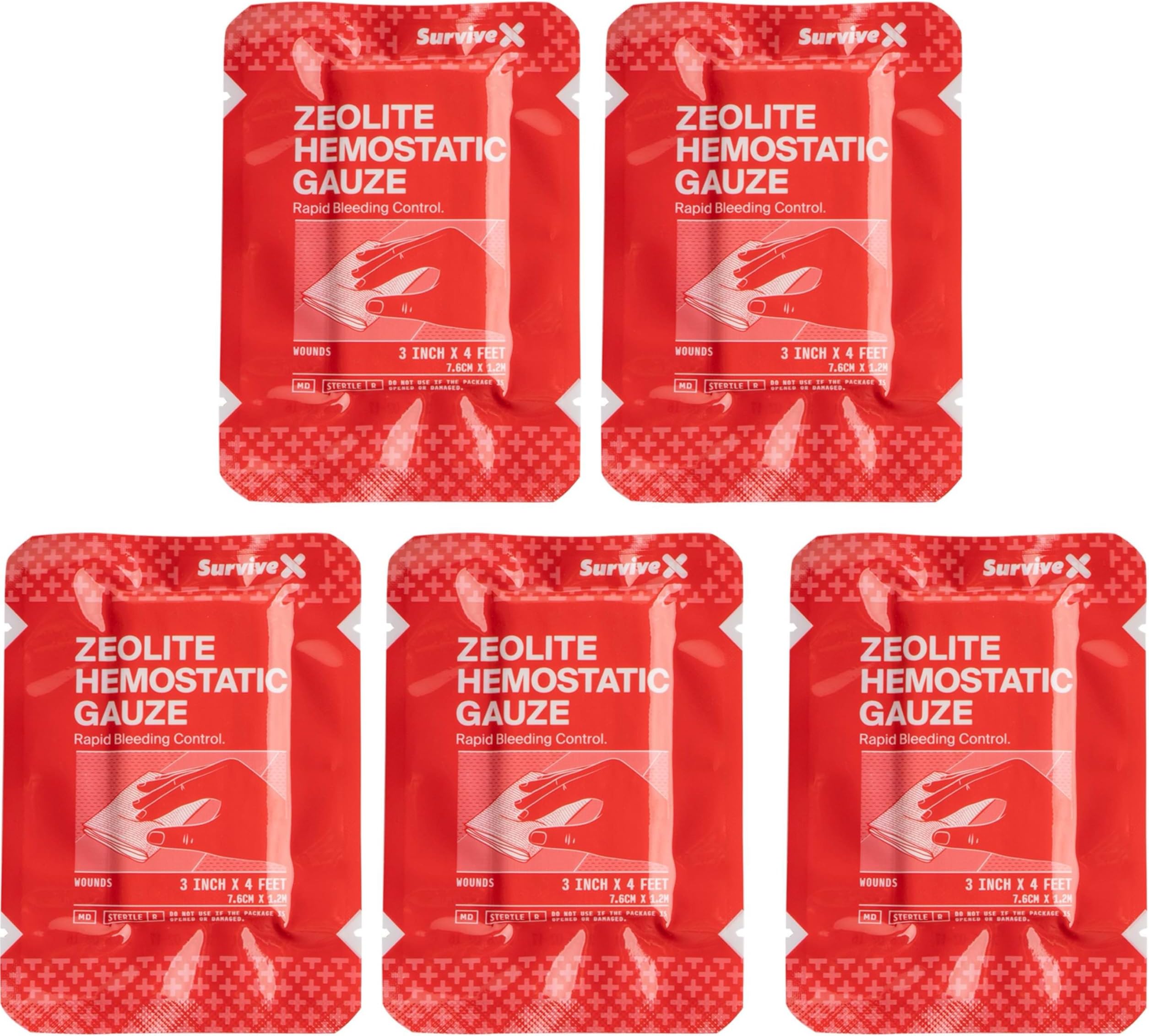 Survivex Hemostatic Gauze - Quick Blood Clotting Gauze for Wounds - Trauma Kit Hemostatic Dressing - 3 in x 4 FT - 5 PCS