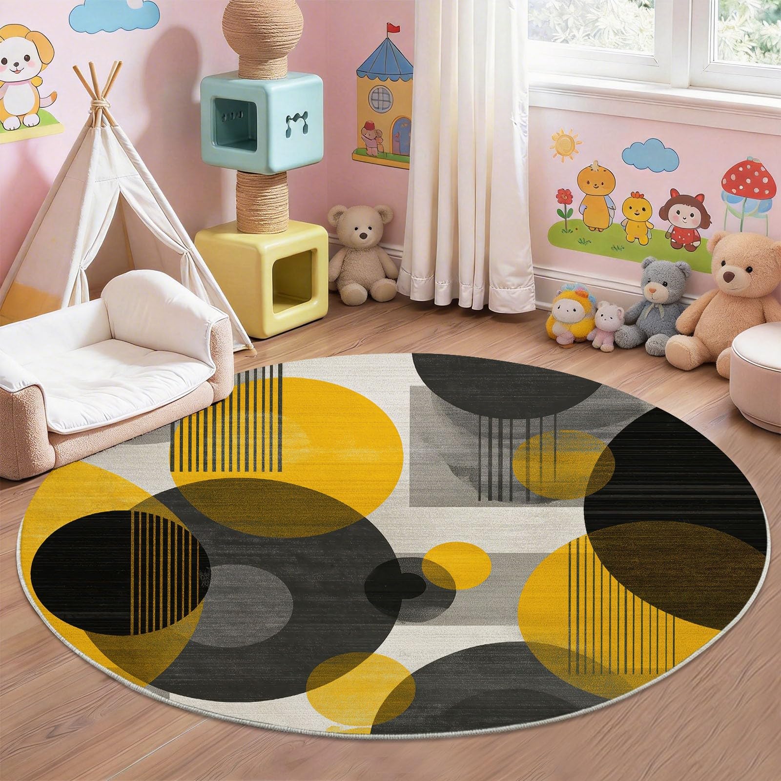 Lavabile In Lavatrice Moderno Astratto Cerchio Tappeto Rotondo 120 cm Morbido E Confortevole Pelo Corto In Flanella Tappetino Antiscivolo Camera Da Letto Tappeto Da Pavimento Giallo Nero