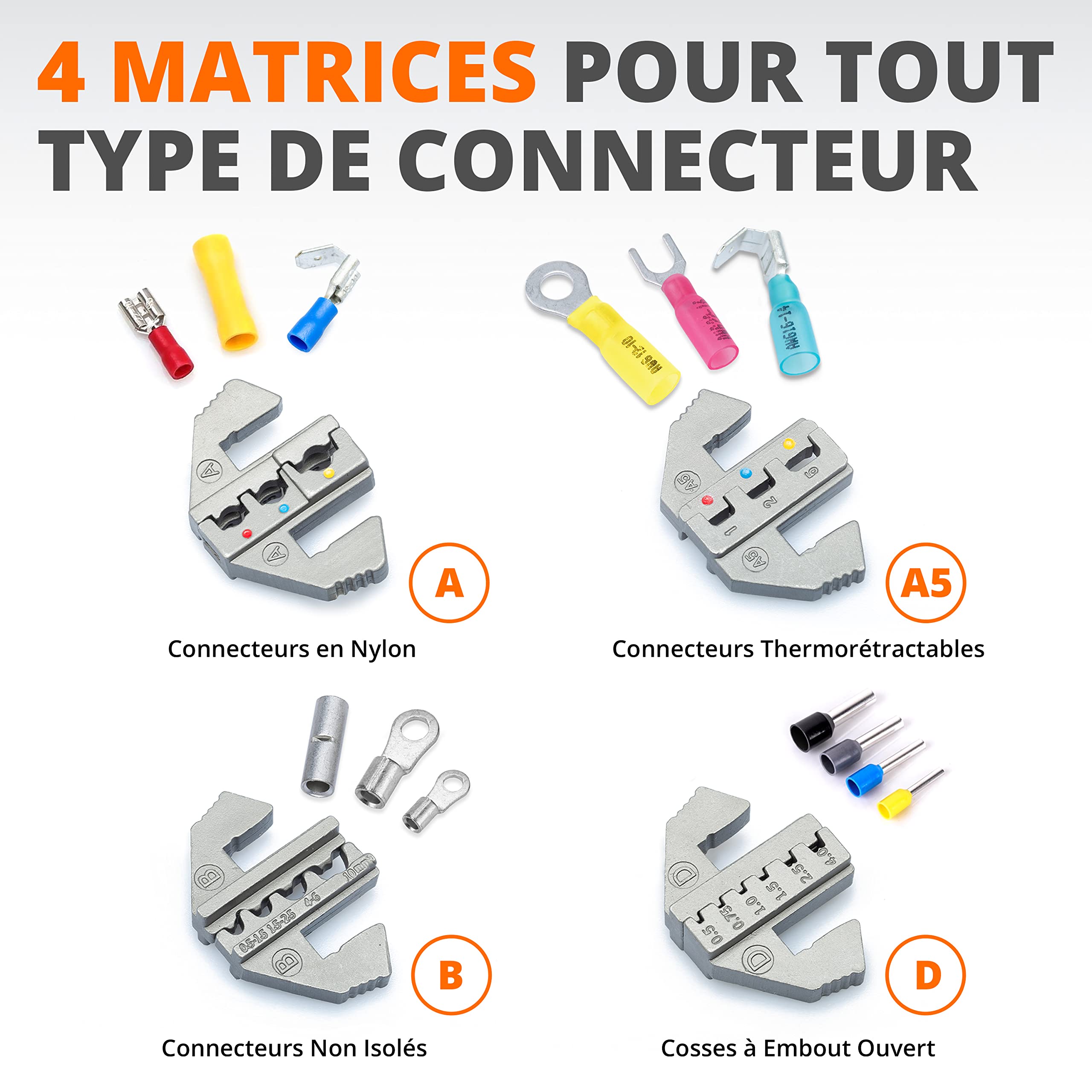 Wirefy Kit de sertissage, pinces à sertir et 4 matrices coulissantes, outil à sertir à cliquet, pinces à sertir pour connecteurs et bornes thermorétractable, en nylon, non isolées, isolées et à embout