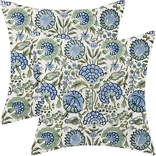 Boho Blue Pillow Covers 18x18 Inch Set of 2 Vintage Navy Blue Sage Green Floral Decor Throw Pillows Spring Summer Seasonal Flower Pillowcases Linen Outdoor Decoration Cushion Covers for Couch Sofa