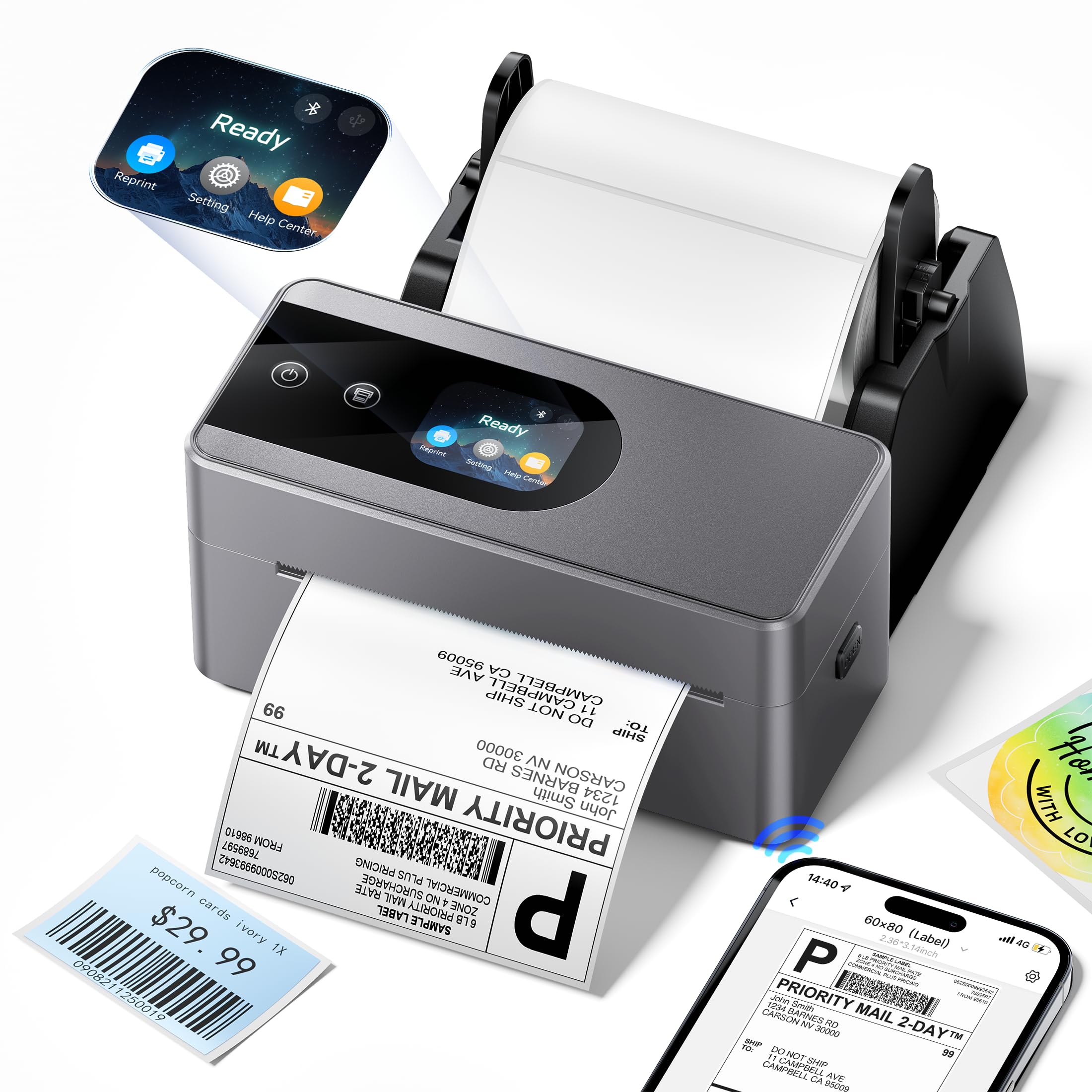 Phomemo PM64D Impresora Etiqueta con Pantalla Táctil, Impresora termica 4x6 | Impresora Etiquetas Autoadhesivas con Conexión por Bluetooth y USB, Compatible con Amazon, Vinted, DHL, Shopify, Correos