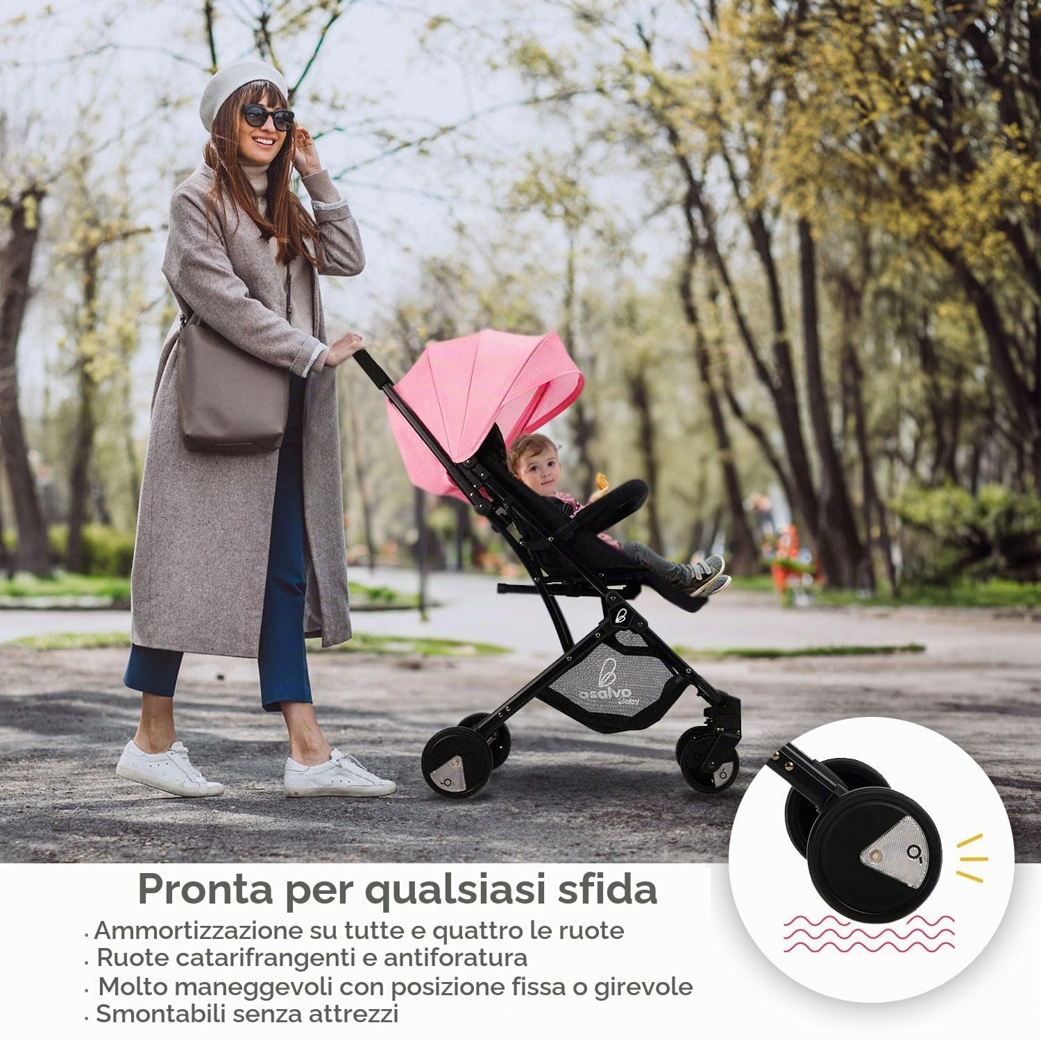 Asalvo FLIGHT Passeggino leggero, carrello pieghevole ultra leggero e compatto, manico trolley, bagaglio aereo, reclinabile, peso 6,6 kg, barra di sicurezza, imbracatura a 5 punti, da 0 mesi (nero