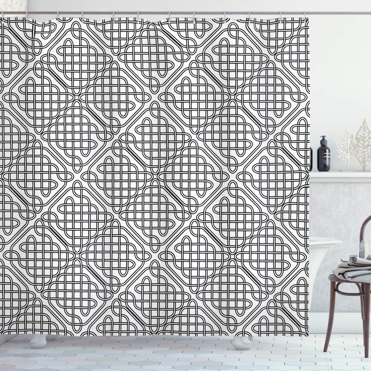 Ambesonne Celtic Shower Curtain, A Medieval Pattern of Irish Striped Binding and Square Shaped Patterns of an Old-Fashion Dated Print, Fabric Bathroom Decor Set with Hooks, 69" W x 75" L, Black White