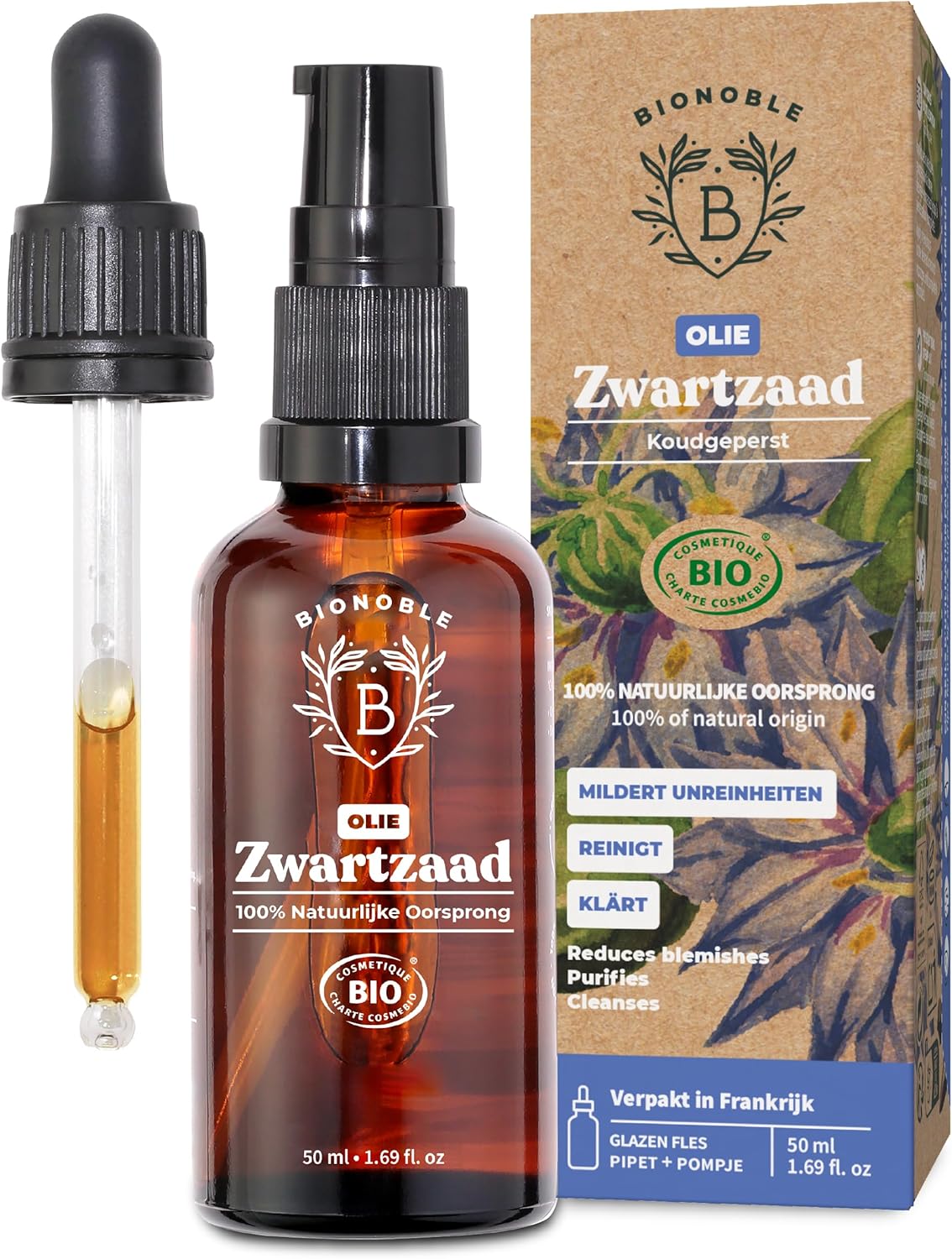 Biologische zwarte komijnolie 50 ml – glazen fles + druppelaar + pomp – 100% koudgeperst en ongefilterd – gezicht, lichaam, haar – Egyptische zwarte komijnolie – Veganistische biologische zwarte zaadolie