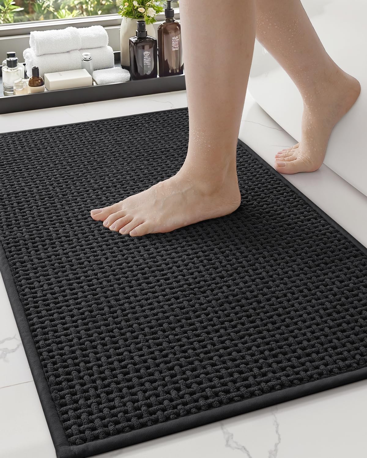 Color&Geometry Chenille Pile Bathroom Rugs Upgraded Denser, 17"x29.5" Non Slip Absorbent Black Bath Mats for Bathroom Thin Fit Under Door, Washable Quick Dry, Standard Sized 17"x29.5" (Rectangular) Black