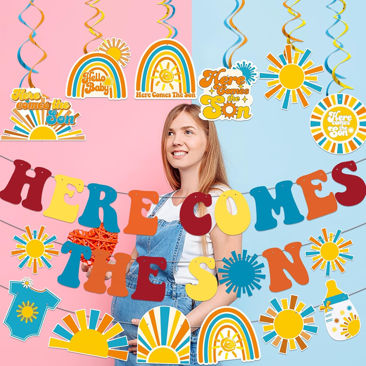 Here Comes The Son Baby Shower Decorations - Sun Banner Garland & Six Hanging Decorations - Red, Orange, Yellow, Green, Blue - Sun-themed Pattern