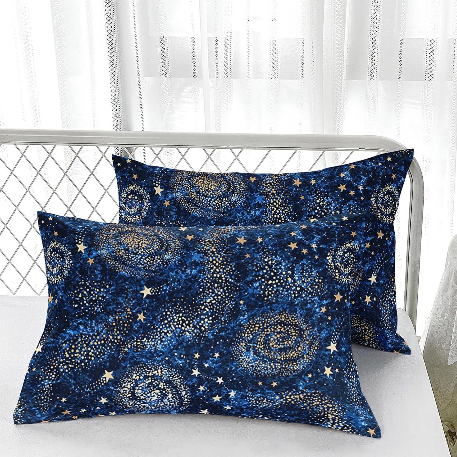 Nttopship Starry Sky Print Comforter Set Queen Size,Blue Starry Sky Golden Stars Bedding Set,Interstellar Printed Quilted Set for Teens Boys Adult,with 1 Comforter and 2 Pillow Case