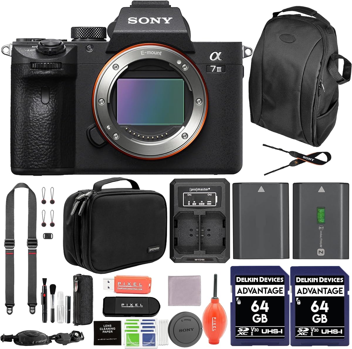 Paquete de cámara digital sin espejo Sony a7 III con 2 tarjetas SD de 64 GB, correa de diseño pico, batería adicional, cargador dual, mochila y más