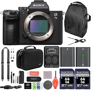 Sony a7 III Mirrorless Digital Camera Bundle with 2X 64GB SD Card, Peak Design Strap, Extra Battery, Dually Charger, Backpack + More