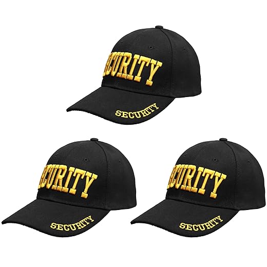 Security Hat Baseball Cap - Gold or White Embroidery Security Front, Bill & Back - Adjustable Size