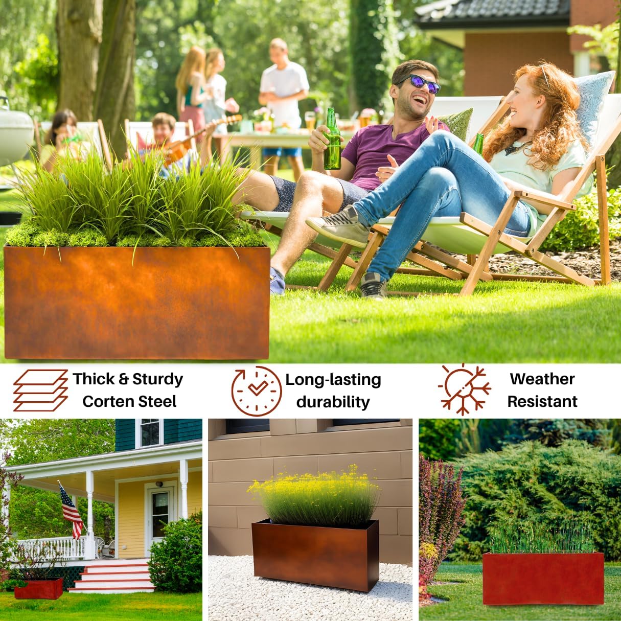 Corten Steel Planter Large Rectangle for Outdoor, Metal Planter Box -36”x12”x16.25”- Flower Pot for Garden, Patio, Commercial, Farmhouse, Industrial - Long Rectangular Plants Container