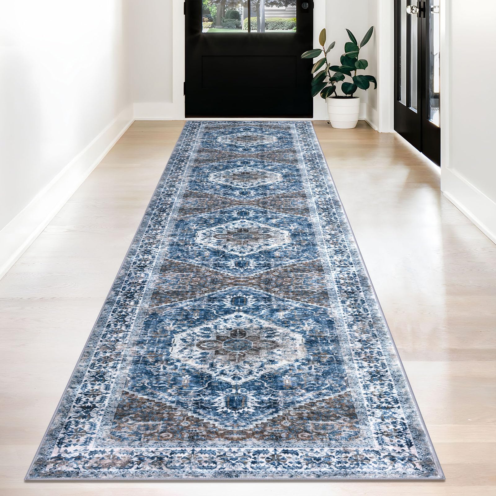 KOZYFLY Runners for Hallways 2.6x12 Ft Long Washable Kitchen Runner Non Slip Runners Rug for Entryway Indoor Blue Printed Faux Wool Stair Runner Floor Carpet for Stair Kitchen Hall, Blue