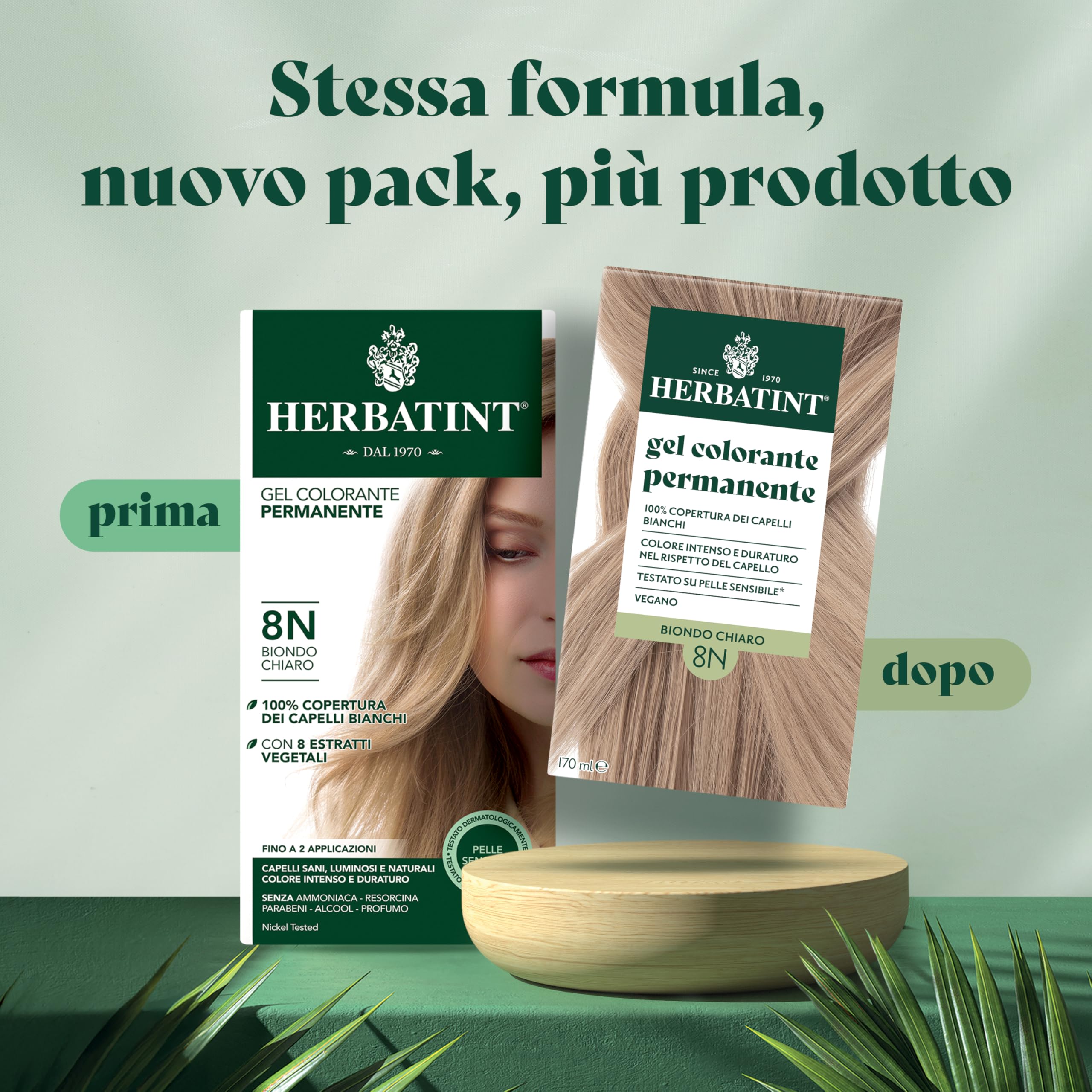 Herbatint Trwały żel do farbowania włosów 8N jasny blond - 170 ml | bez amoniaku, 100% białe włosy | dla wrażliwej skóry, z 8 naturalnymi ekstraktami organicznymi