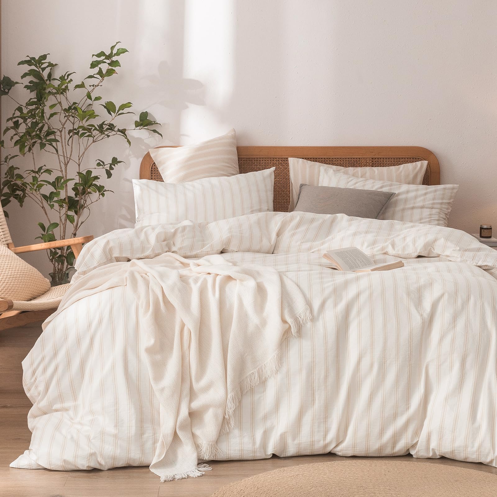 BESTOUCH Cotton Striped Duvet Cover Set Linen Feel White/Almond Grey Queen — image 1
